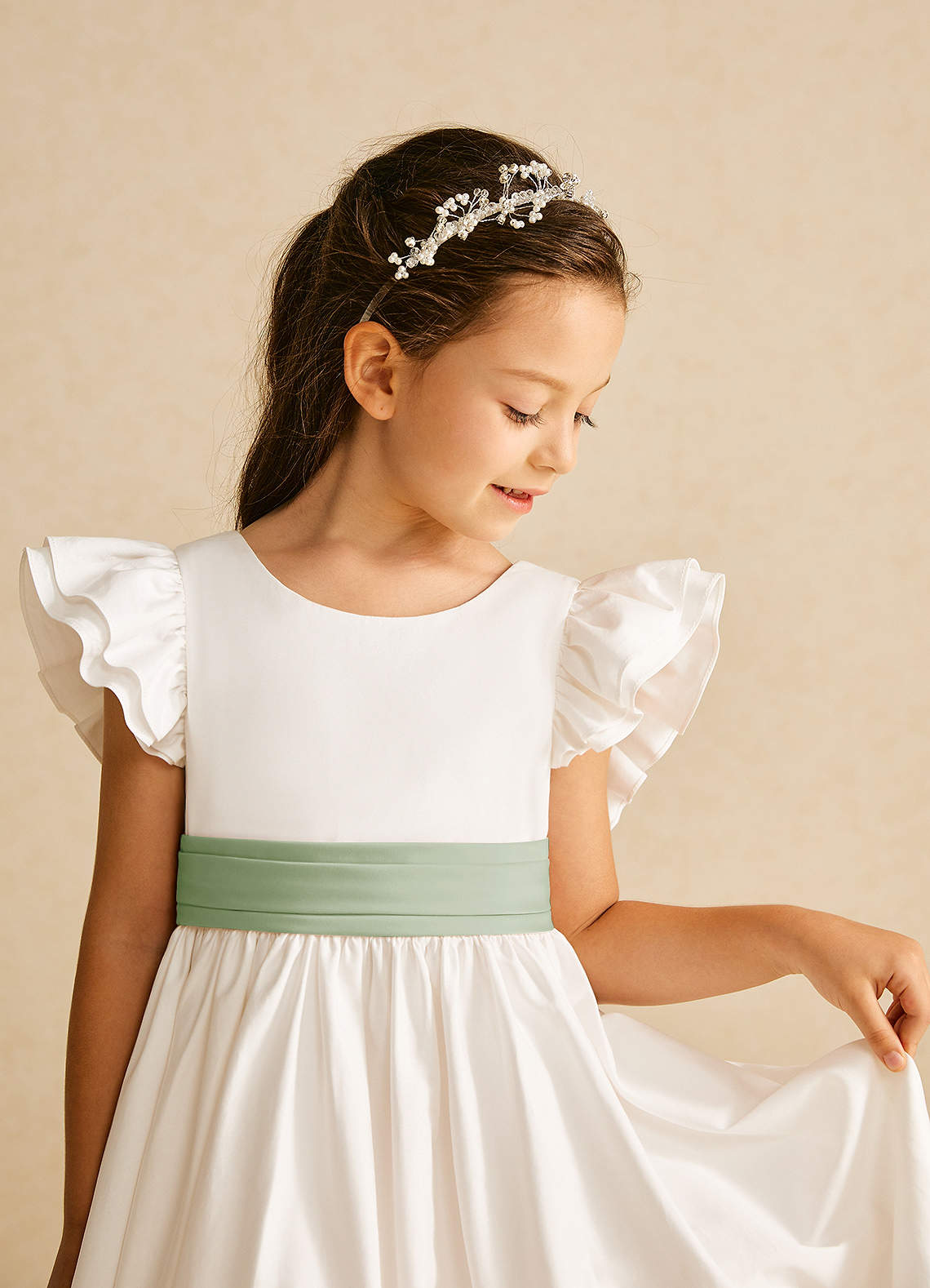 Azazie Aero Flower Girl Dresses Ivory Dusty Sage A-Line Pleated Cotton Dress image2