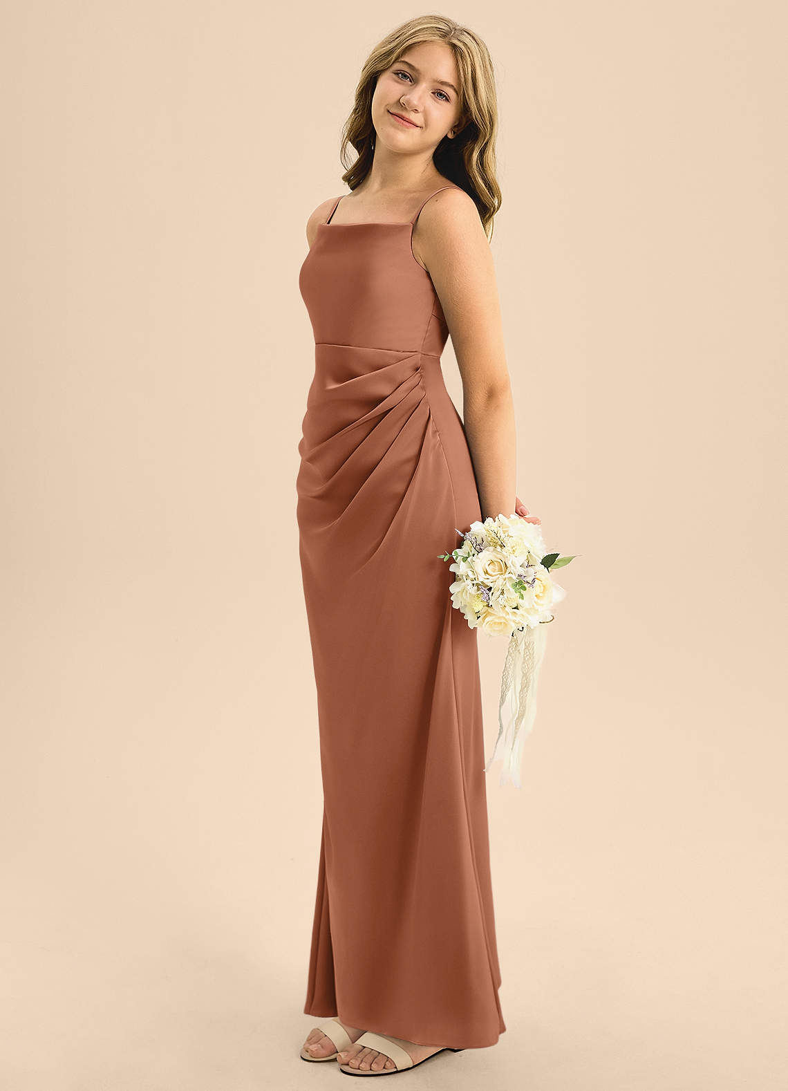 Azazie Renna Junior Bronzer A-Line Pleated Stretch Satin Dress image1