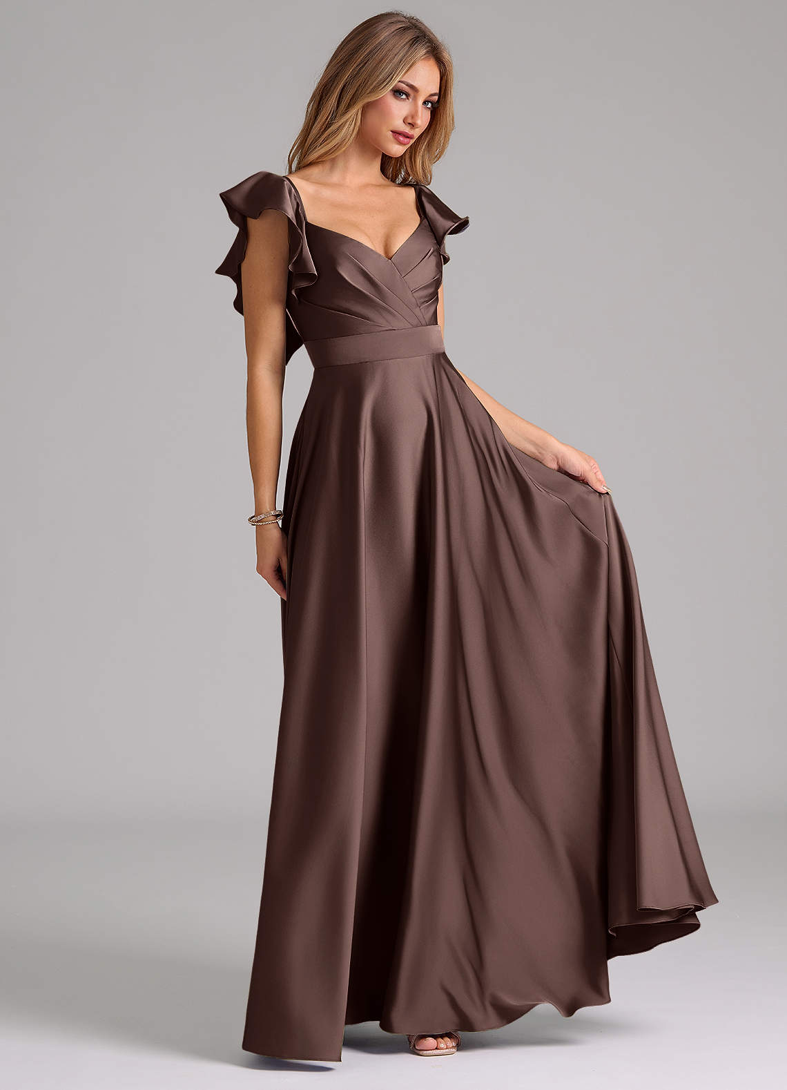 Azazie Leilani Bridesmaid Dresses Ganache A-Line Ruched Stretch Satin Dress image3