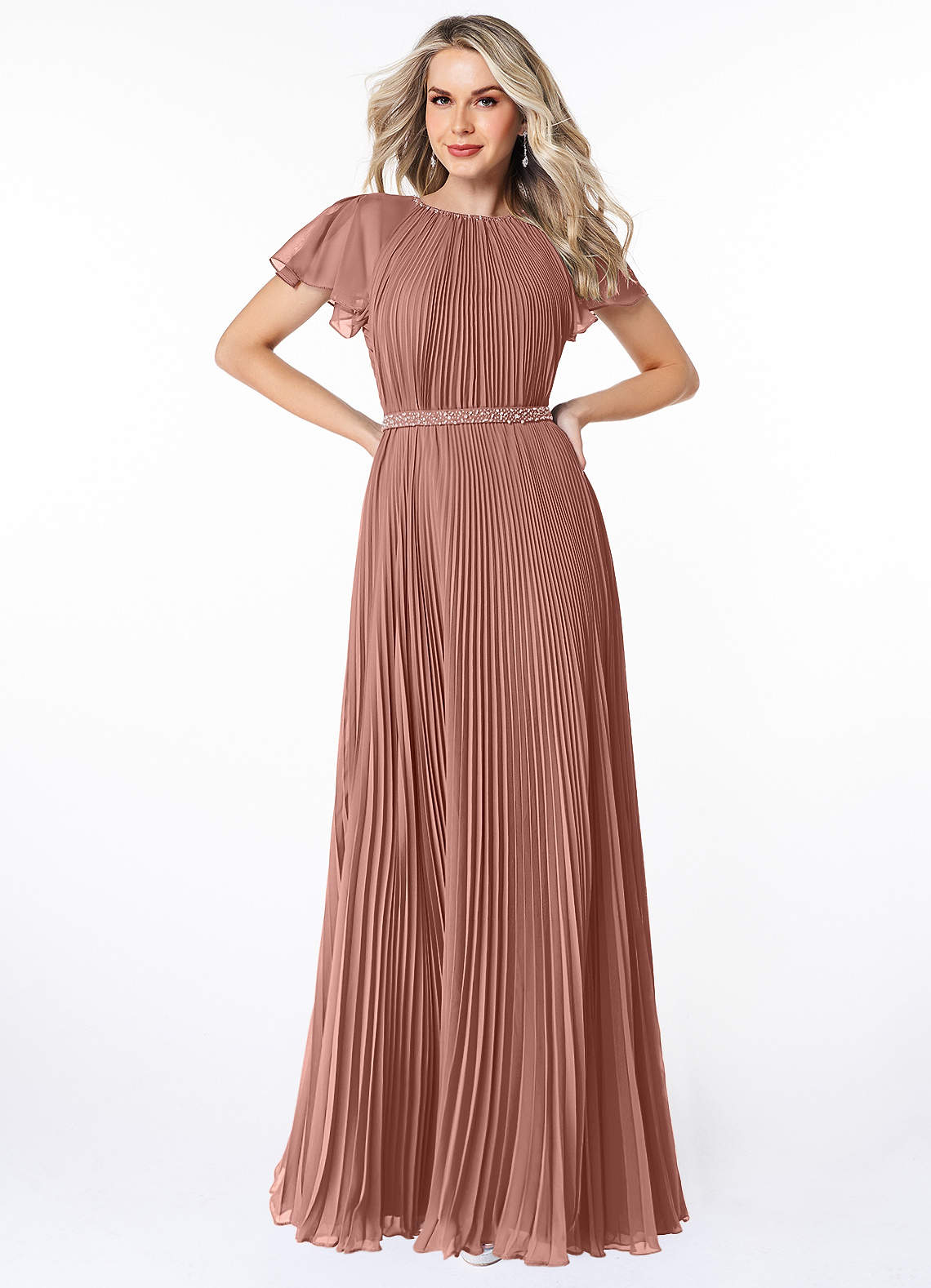 Azazie Kara Modest Bridesmaid Dresses A-Line Pleated Chiffon Floor-Length Dress image1