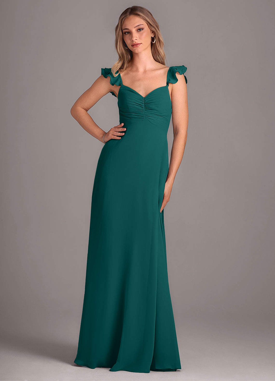 Azazie Kaylyn Abiti da Damigella Abito A-Line in Chiffon Increspato Verde Pavone image1