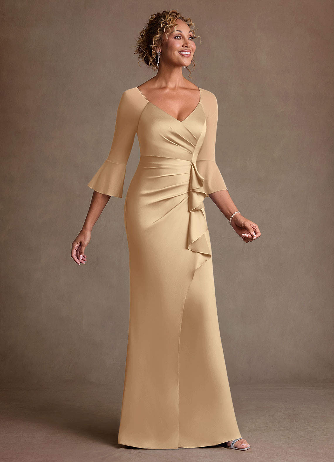 Azazie Nampa Final Sale Champagne Sheath Pleated Mesh Dress image2