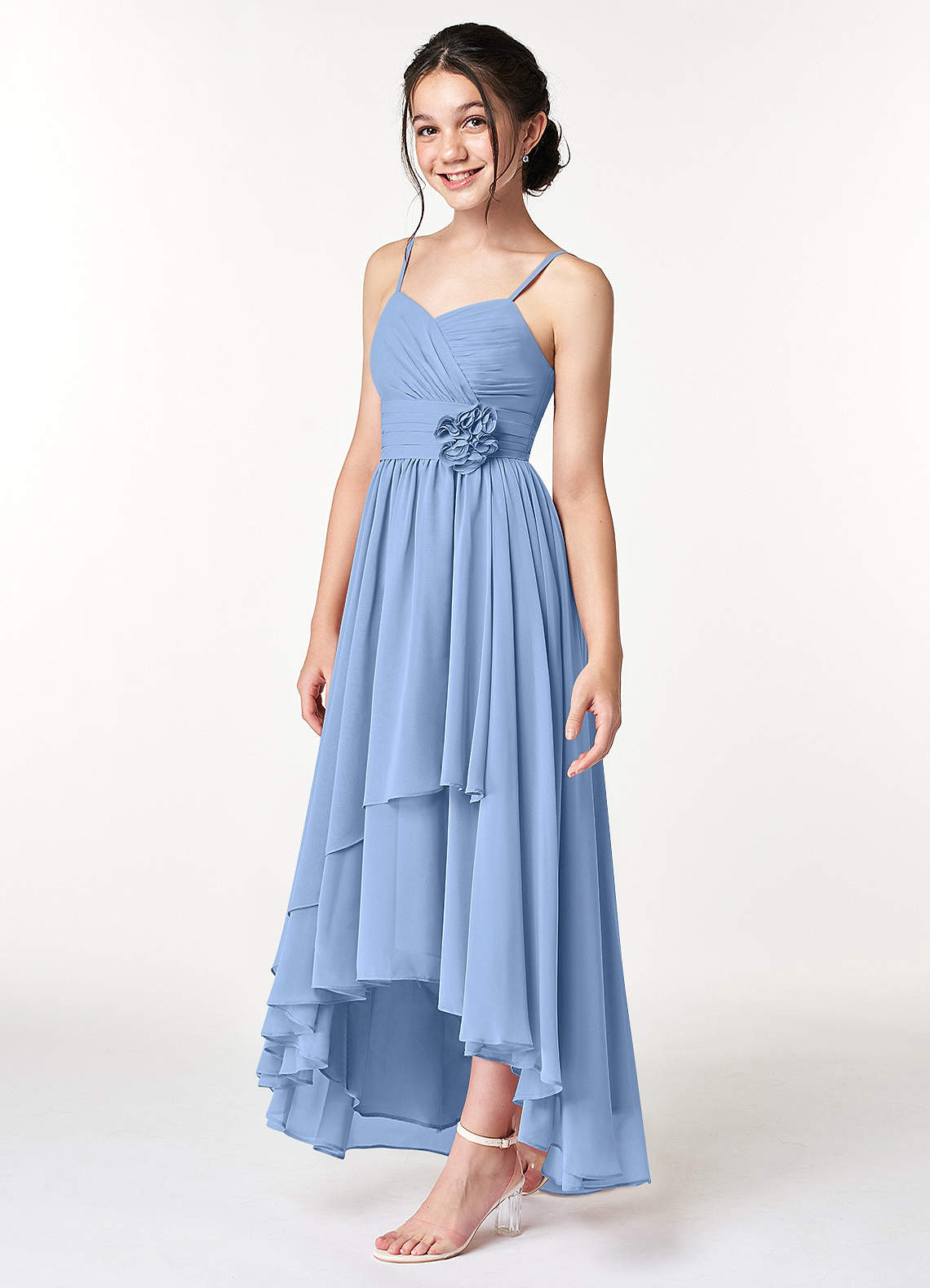 Azazie Catalina Junior Steel Blue A-Line Ruched Chiffon Dress image2