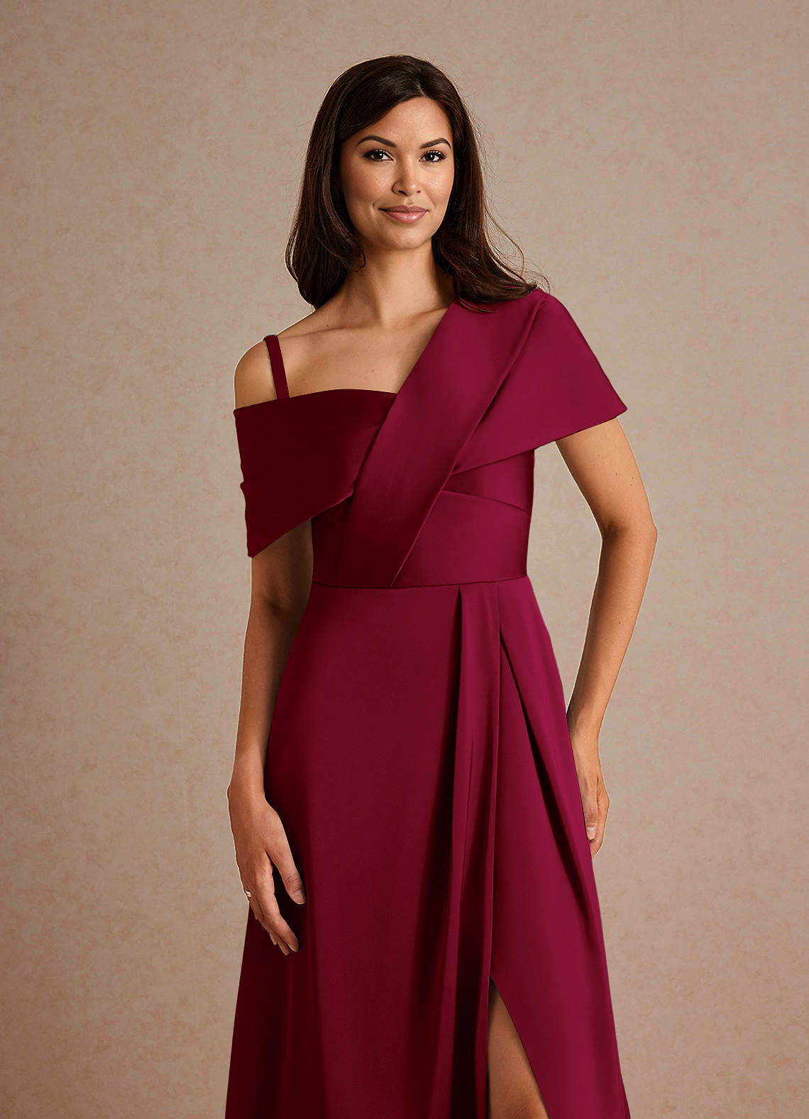 Azazie Milton Mother of the Bride Dresses Burgundy A-Line Pleated Stretch Satin Dress image2