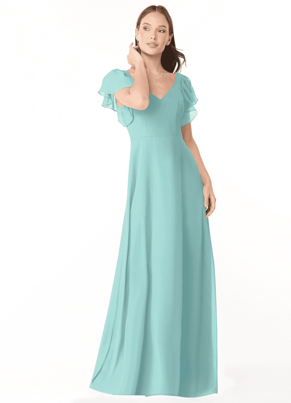 Azazie Syenna Brautjungfernkleider A-Linie Gestreift Chiffon Kleid Aqua image1