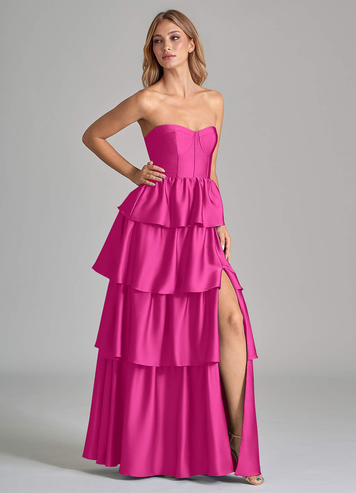 Azazie Faye Bridesmaid Dresses Fuchsia A-Line Ruched Stretch Satin Dress image1