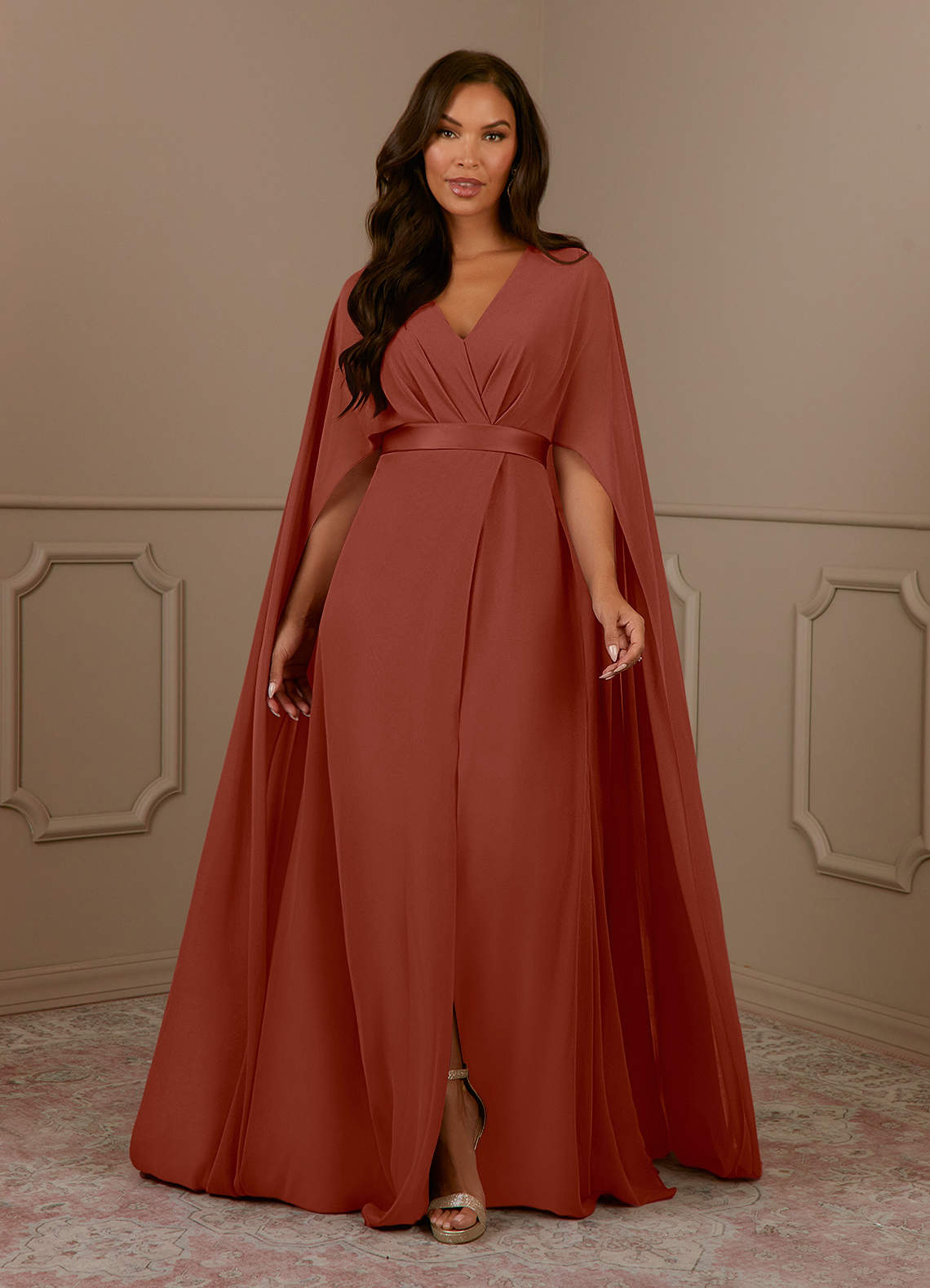 Azazie Isa Auburn A-Line V-Neck Pleated Chiffon Dress | Azazie