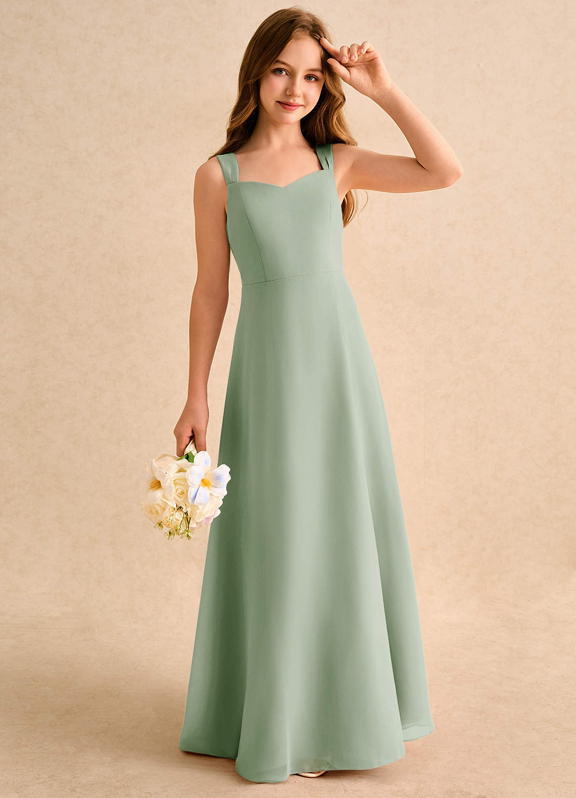 Azazie Makani Junior Formal Flower Girl Dresses Dusty Sage A-Line Sweetheart Neckline Chiffon Dress image3