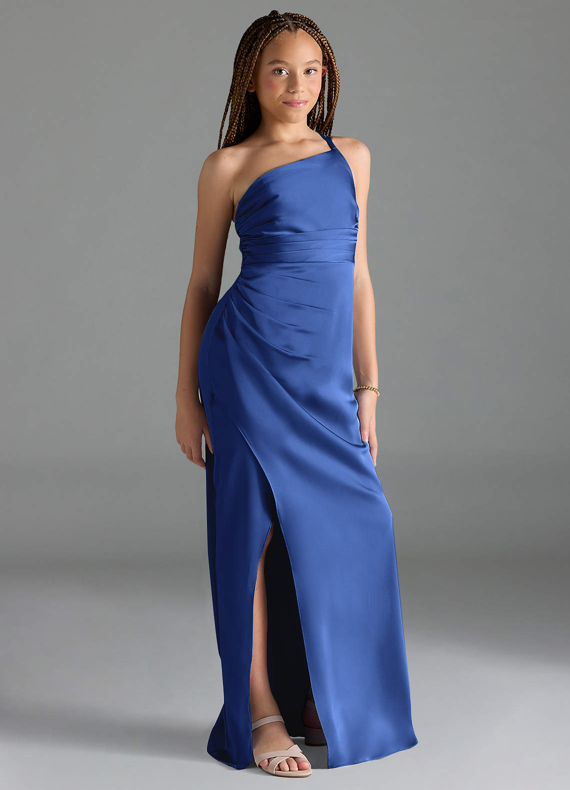 Azazie Eren Junior Royal Blue Sheath Pleated Stretch Satin Dress image1