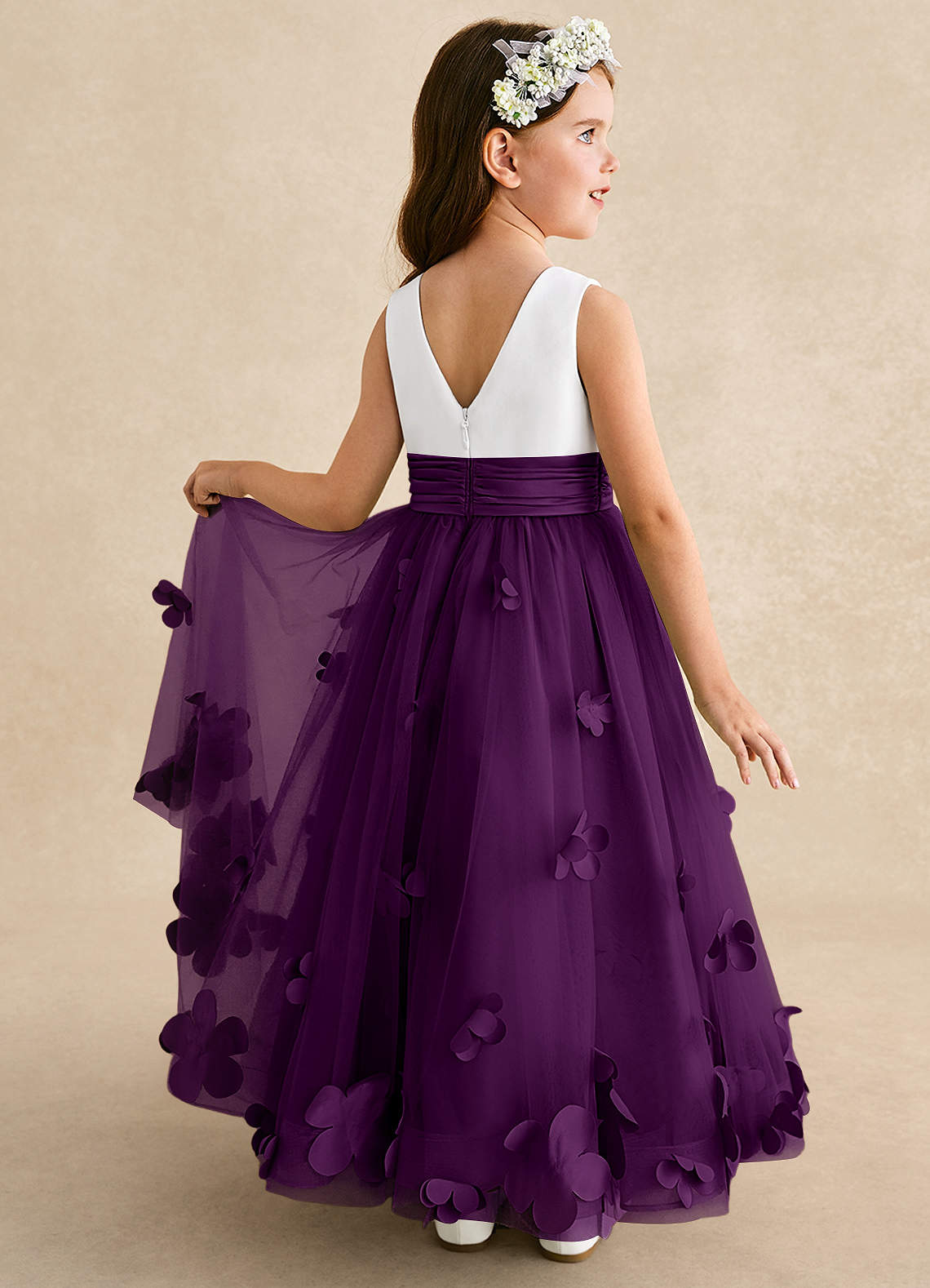 Azazie Vi vestidos de niña de las flores Vestido de Uva de Tul de Corte En A con Sin mangas image1