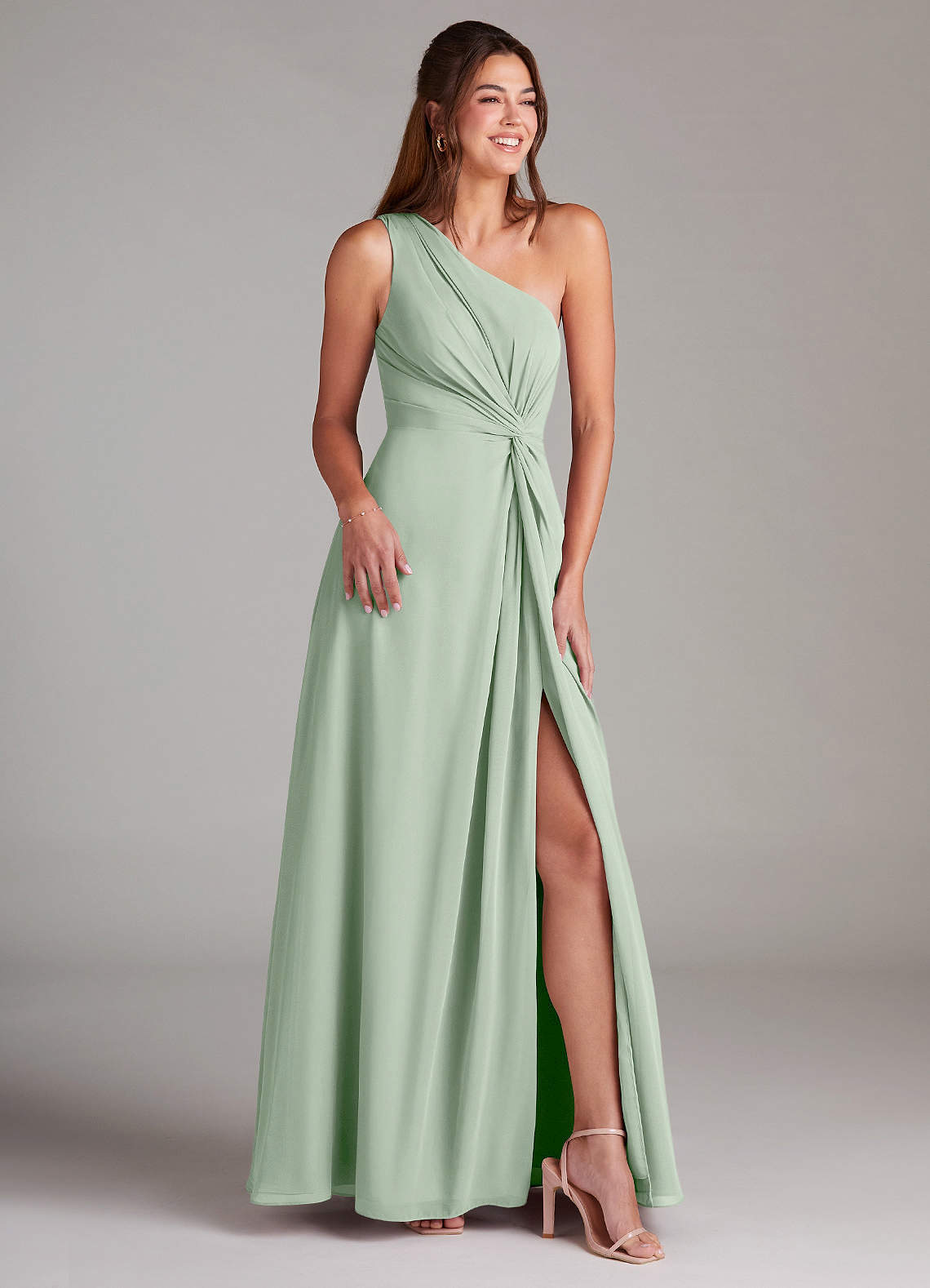 Azazie Brooke Bridesmaid Dresses Agave A-Line One Shoulder Chiffon Dress image3