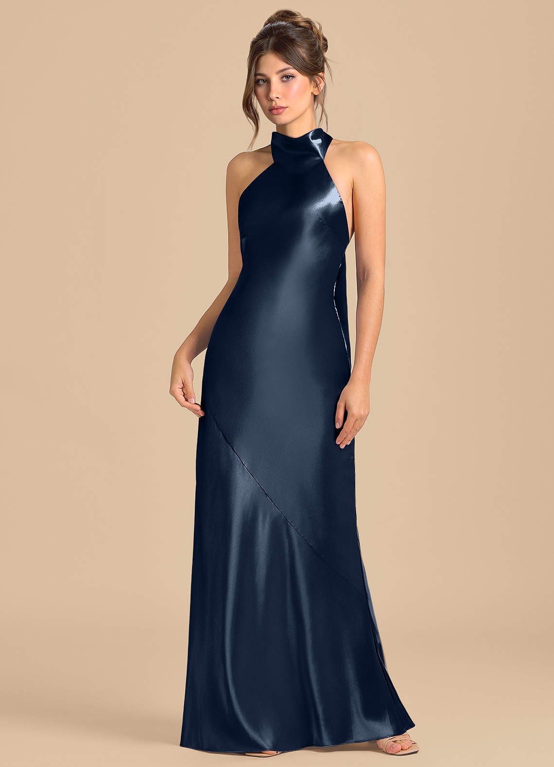 Azazie Velli Vestidos de madrinha de casamento Vestido Azul Marinho de Cetim Metálico de Bainha com Pescoço alto image2