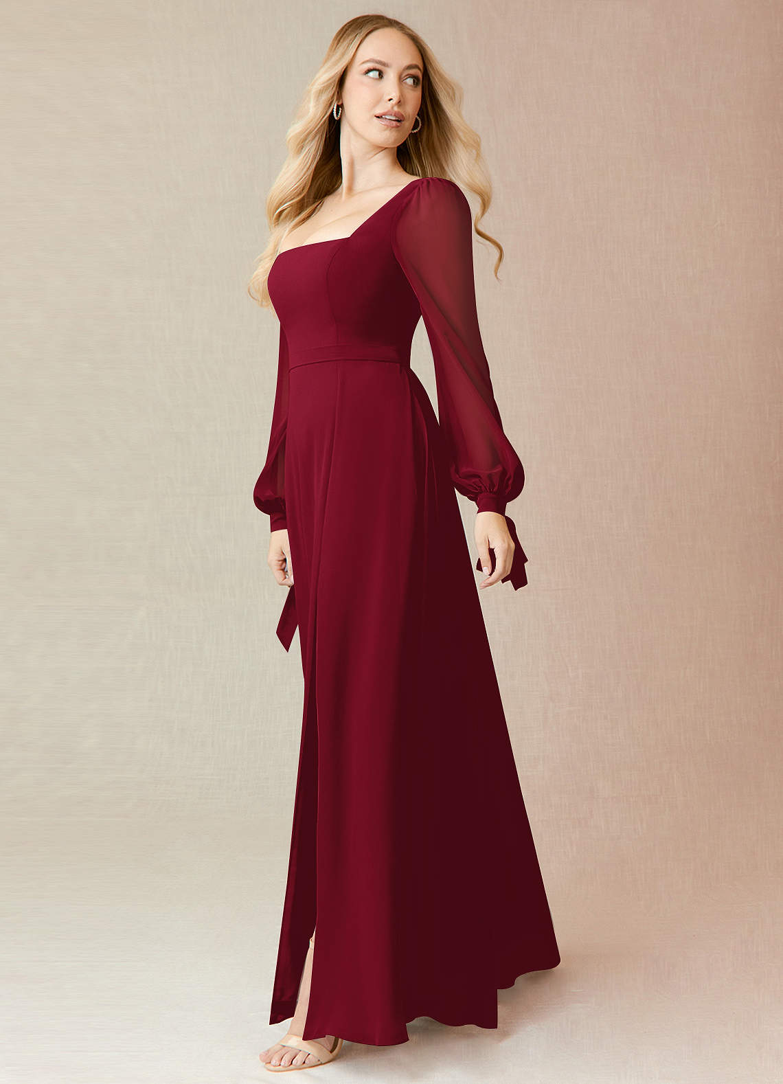 Azazie Leonia Bridesmaid Dresses Burgundy A-Line Long Sleeve Chiffon Dress image3