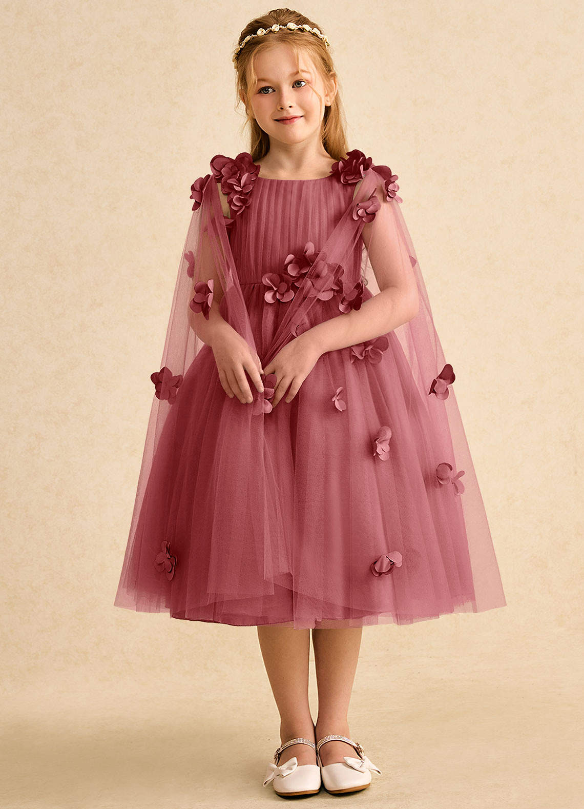 Azazie Staria Vestidos de florista Vestido Rosa Antiga de Tule de Vestido de baile com Franzido image2