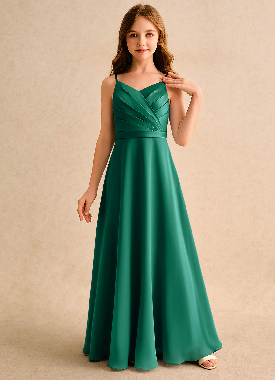 Azazie Umina Girls Formal Emerald A-Line Pleated Matte Satin Dress | Azazie UK Azazie Umina Girls Formal Emerald A-Line Pleated Matte Satin Dress | Azazie UK