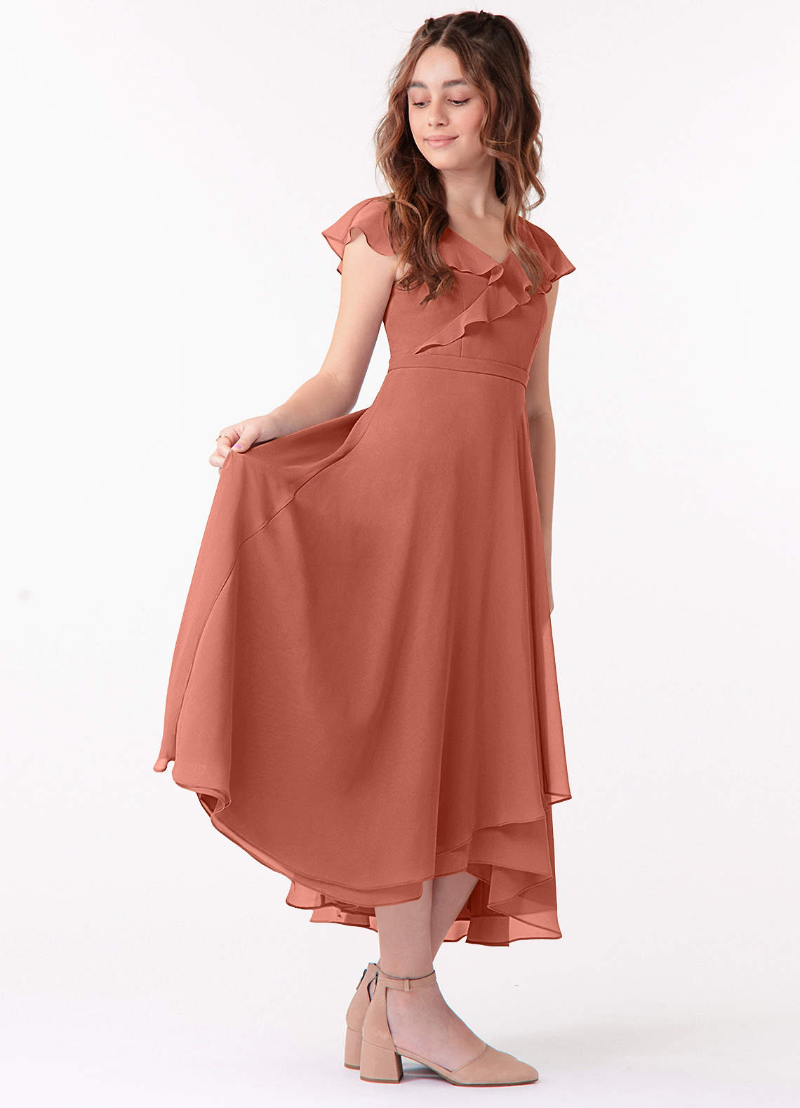Azazie Posie Junior A-Linie Gestreift Chiffon Kleid Lehm image1