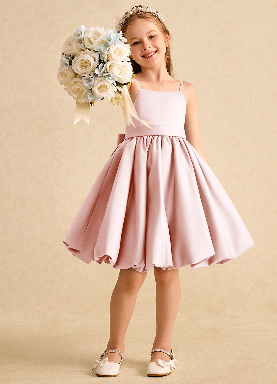 Azazie Davine vestidos de niña de las flores Vestido de Rosa Rubor de Satin Mate de Corte En A con Tirante Espagueti image6
