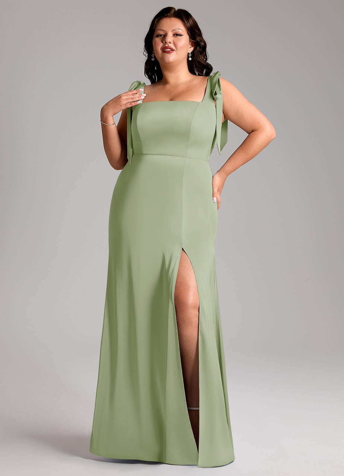 Azazie Frostine Bridesmaid Dresses Dusty Sage A-Line Bow Stretch Satin Dress image1