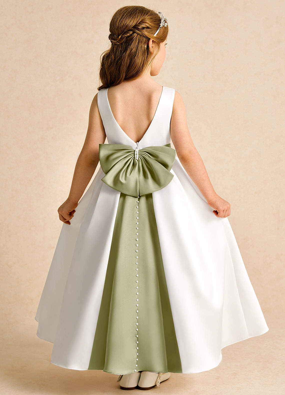 Azazie Cherry vestidos de niña de las flores Vestido de Marfil Musgo Verde de Satin Mate de Princesa con Plisado image1