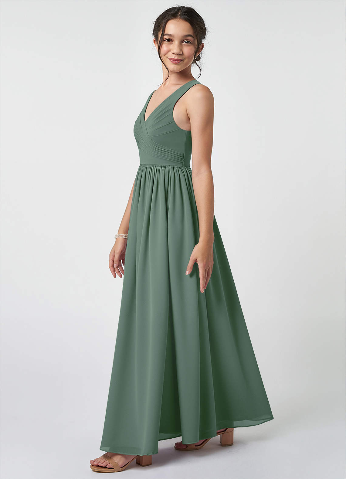Azazie Keyla Junior Eucalyptus A-Line Pleated Chiffon Dress image2