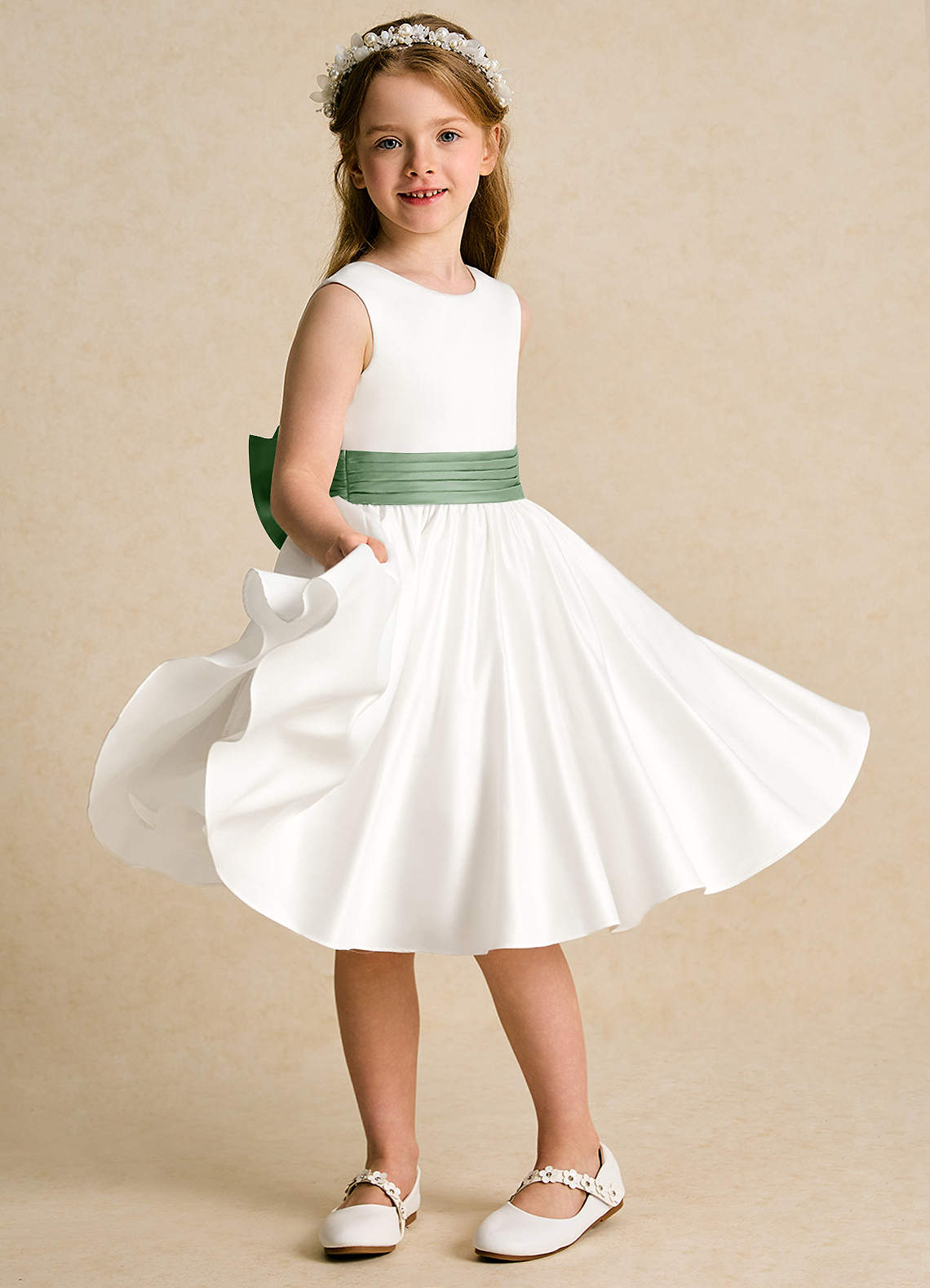 Azazie Sosie Flower Girl Dresses Ivory Matcha A-Line Pleated Matte Satin Dress image4
