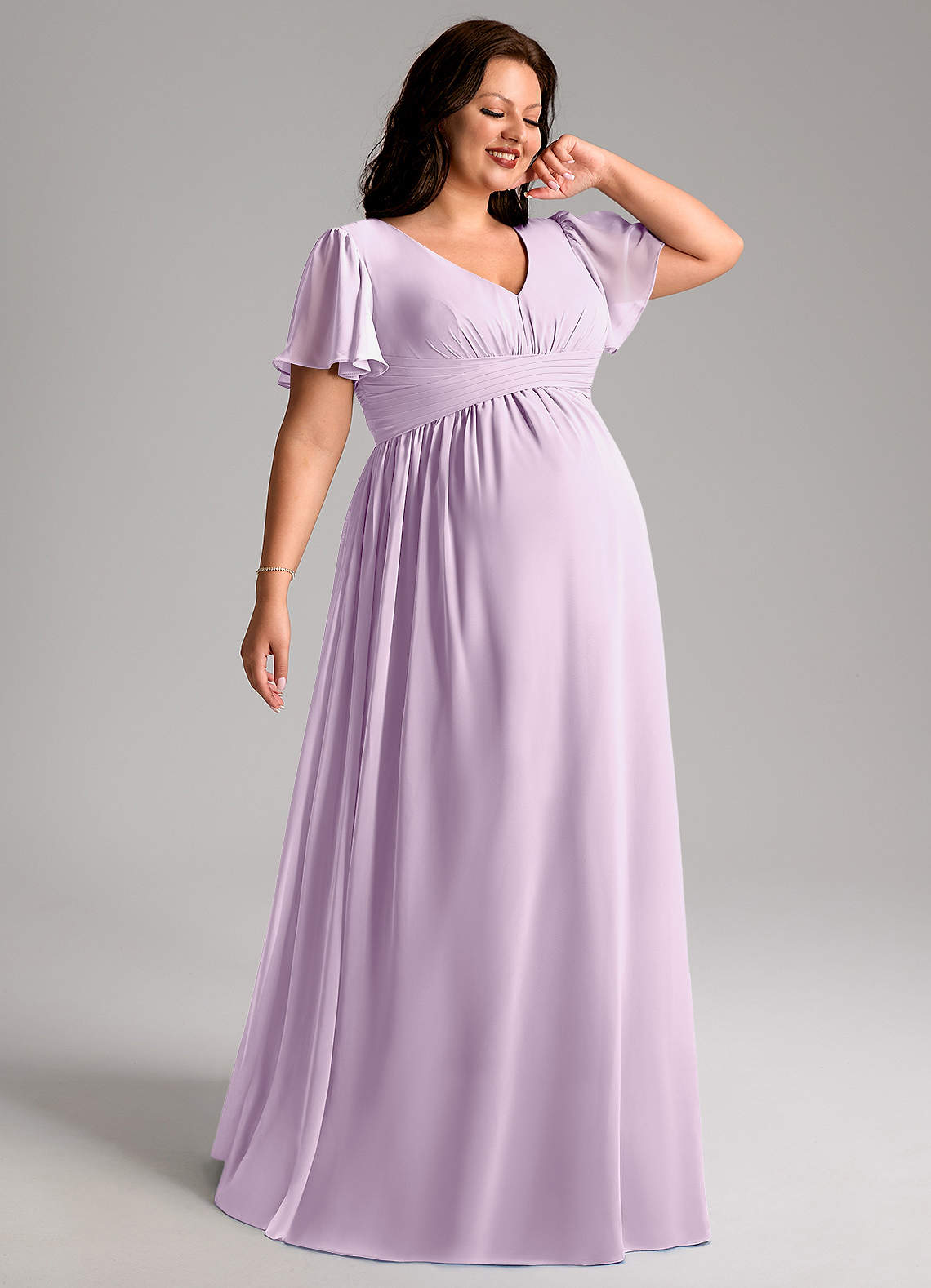 Azazie Verna Maternity Bridesmaid Dresses A-Line V-Neck Ruched Chiffon Floor-Length Dress image1