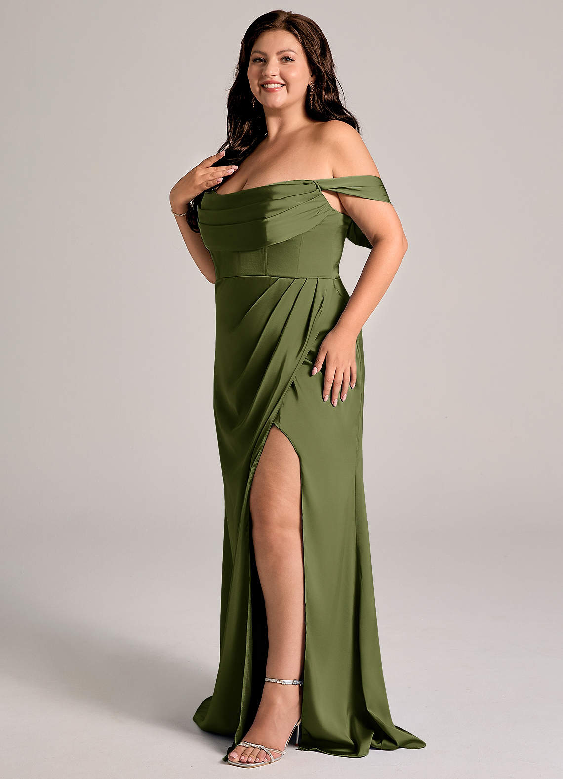 Azazie Johana Bridesmaid Dresses Olive Mermaid Off the Shoulder Stretch Satin Convertible Dress image9