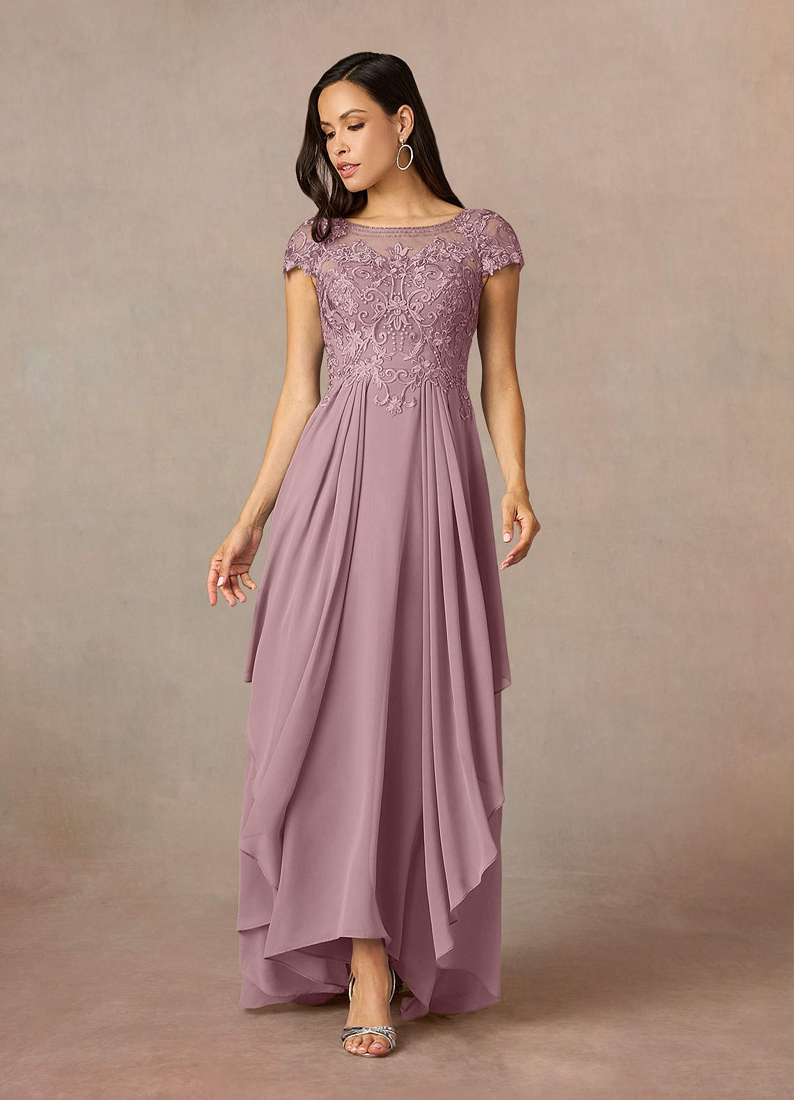 Azazie Lunda Dusty Rose A-Line Lace Chiffon Dress Ready to Ship