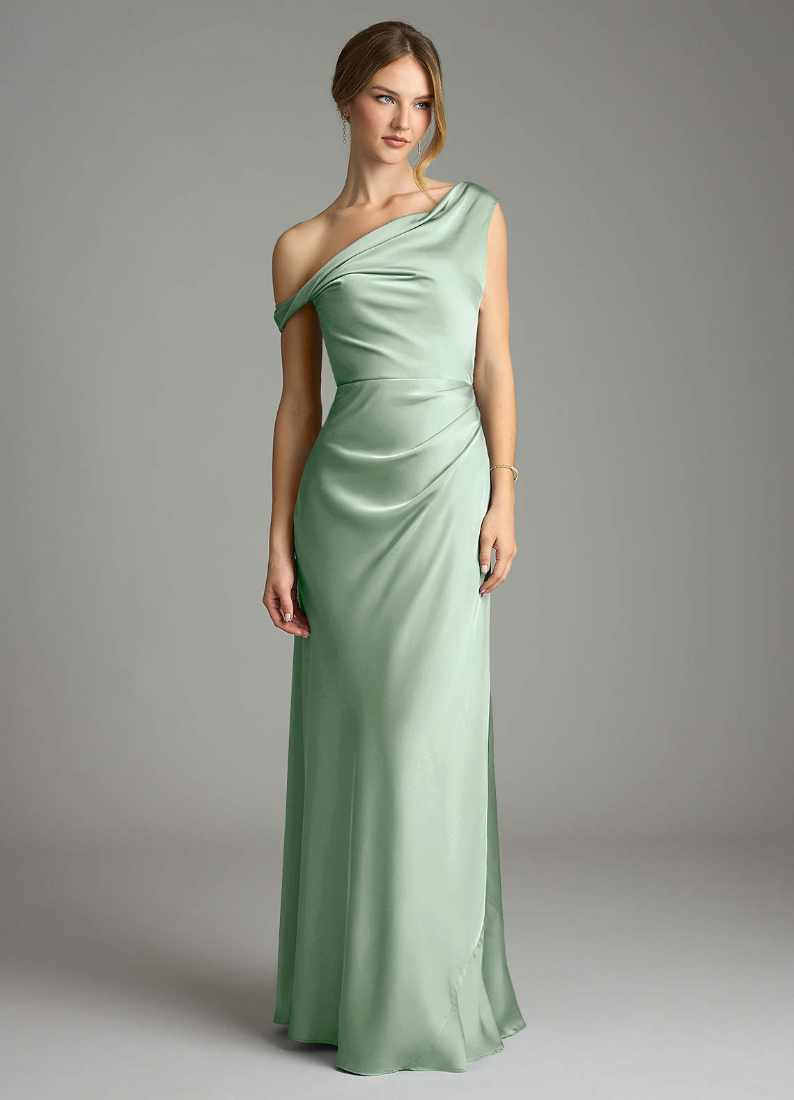 Azazie Emerson Bridesmaid Dresses Agave Mermaid Off the Shoulder Stretch Satin Dress image2