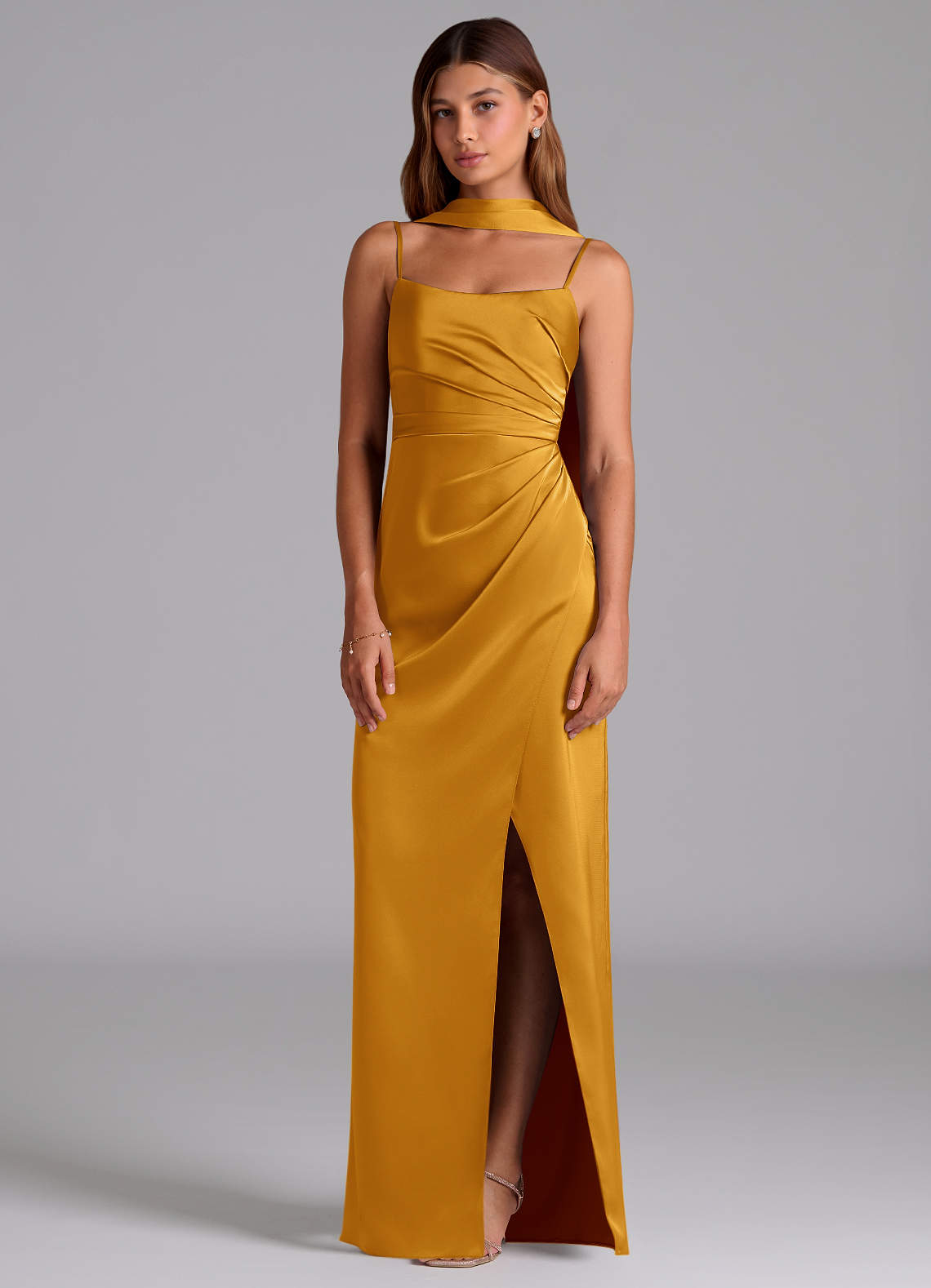 Azazie Calandra Brudepigekjoler En streg Plisseret Stræk satin Gulv-længde Kjole image2