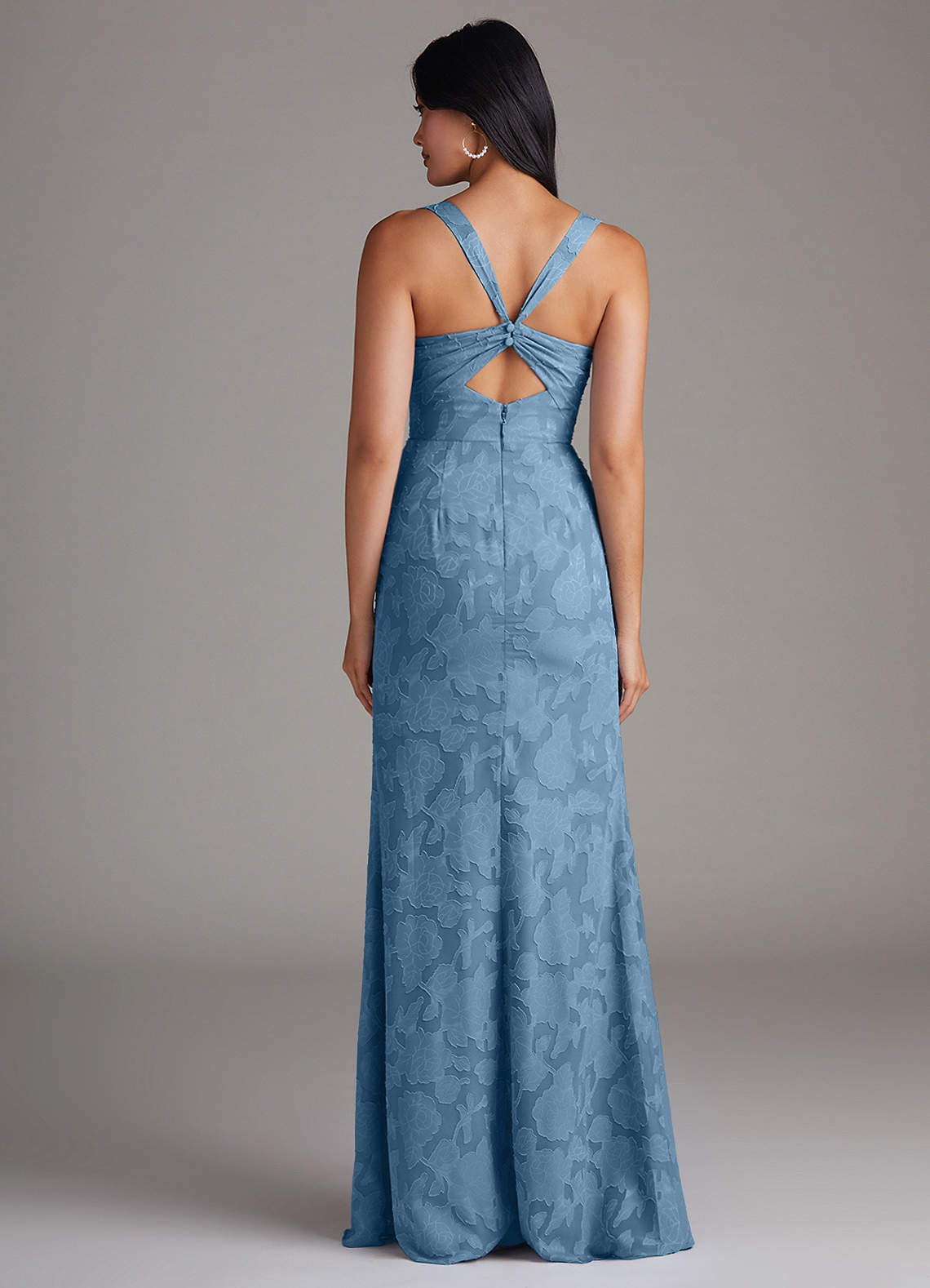 Azazie Mero Bridesmaid Dresses Steel Blue Sheath Pleated Floral Burnout Dress image2