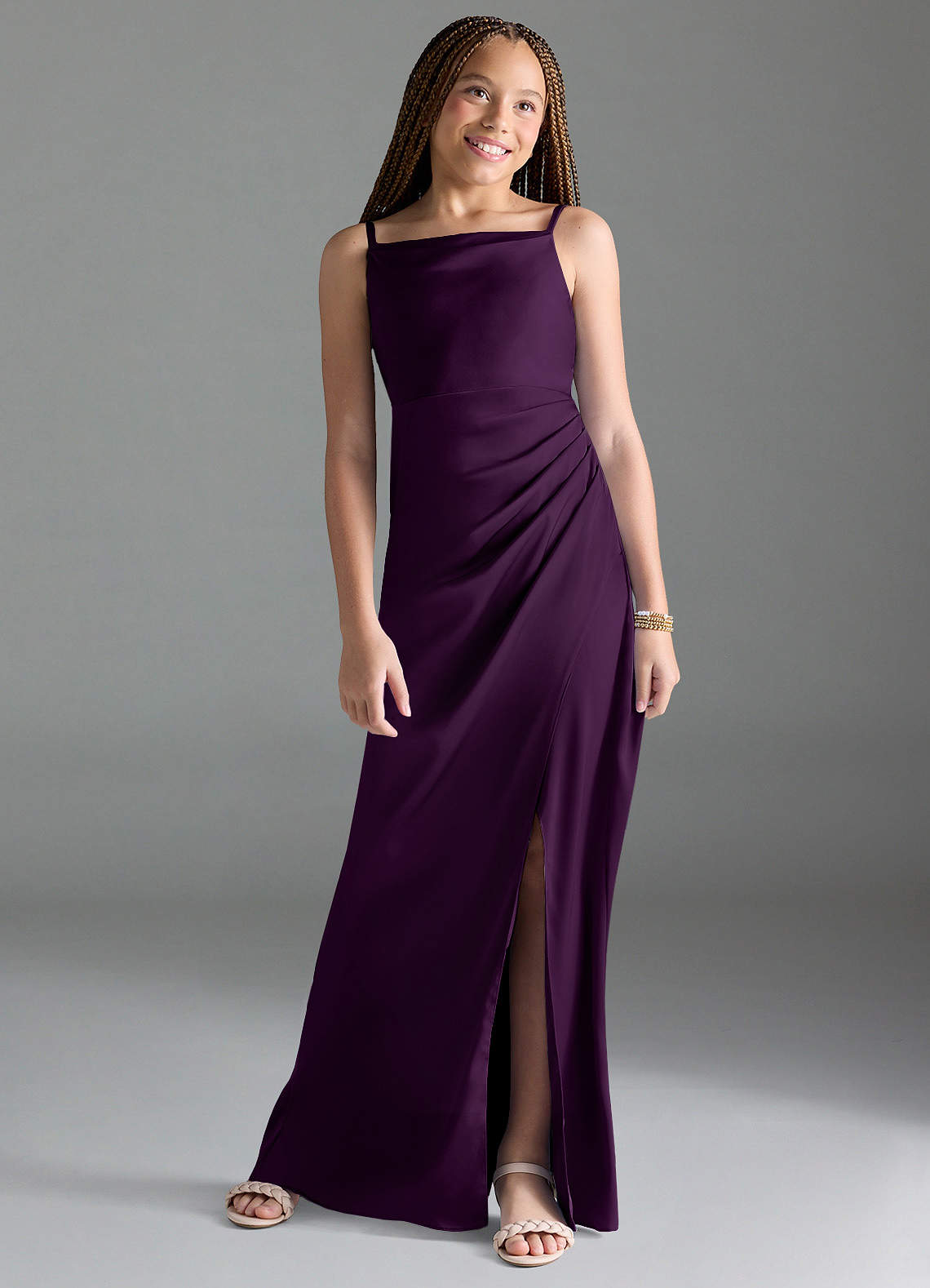 Azazie Leonis Junior Grape A-Line Pleated Stretch Satin Dress image1
