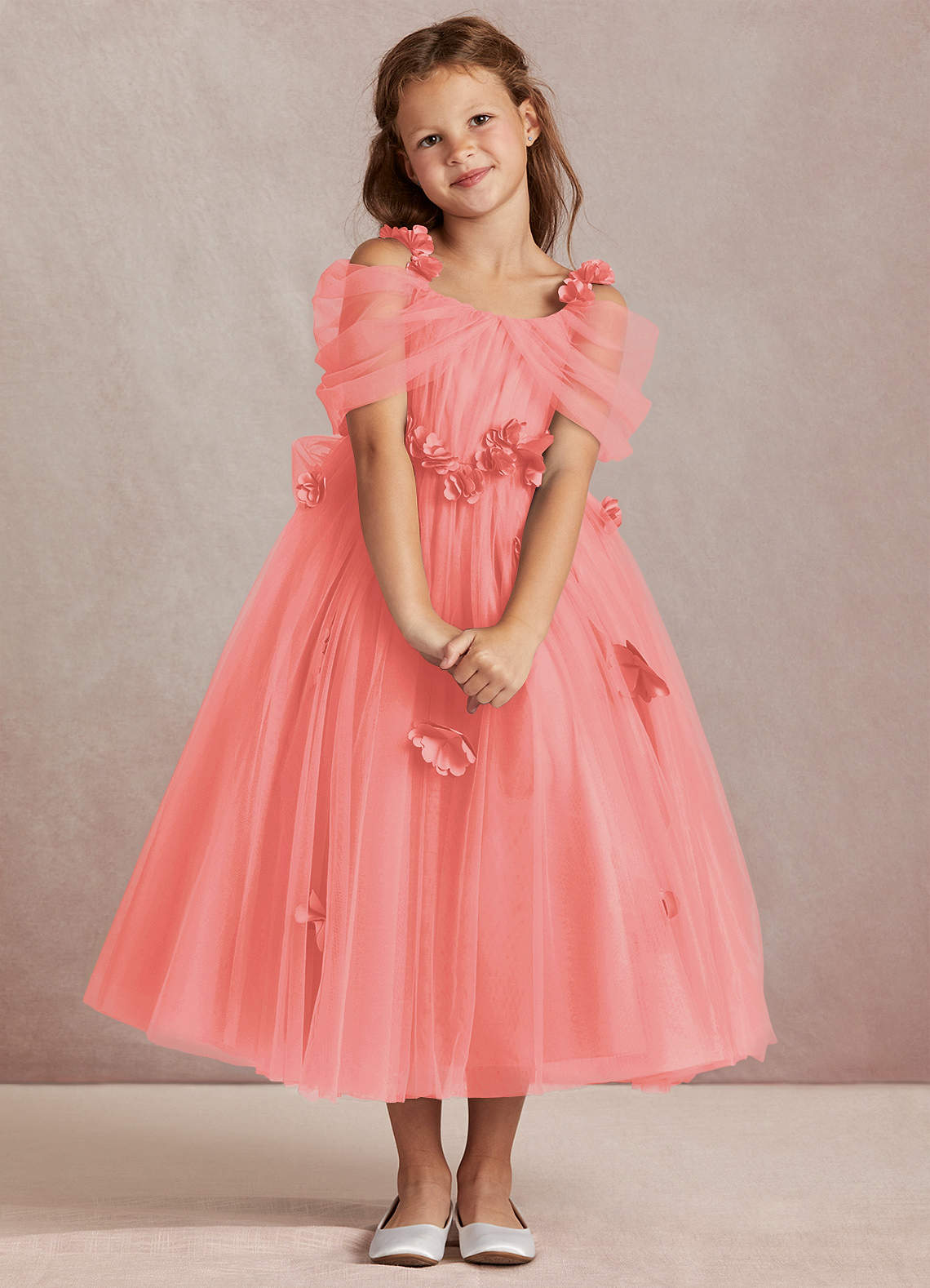 Azazie Shaylee Flower Girl Dresses Coral A-Line Off the Shoulder Tulle Dress image1