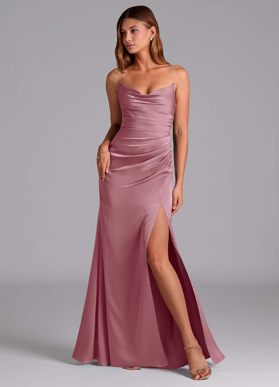Azazie Claudelle Bridesmaid Dresses Vintage Mauve Mermaid Strapless Stretch Satin Dress image1