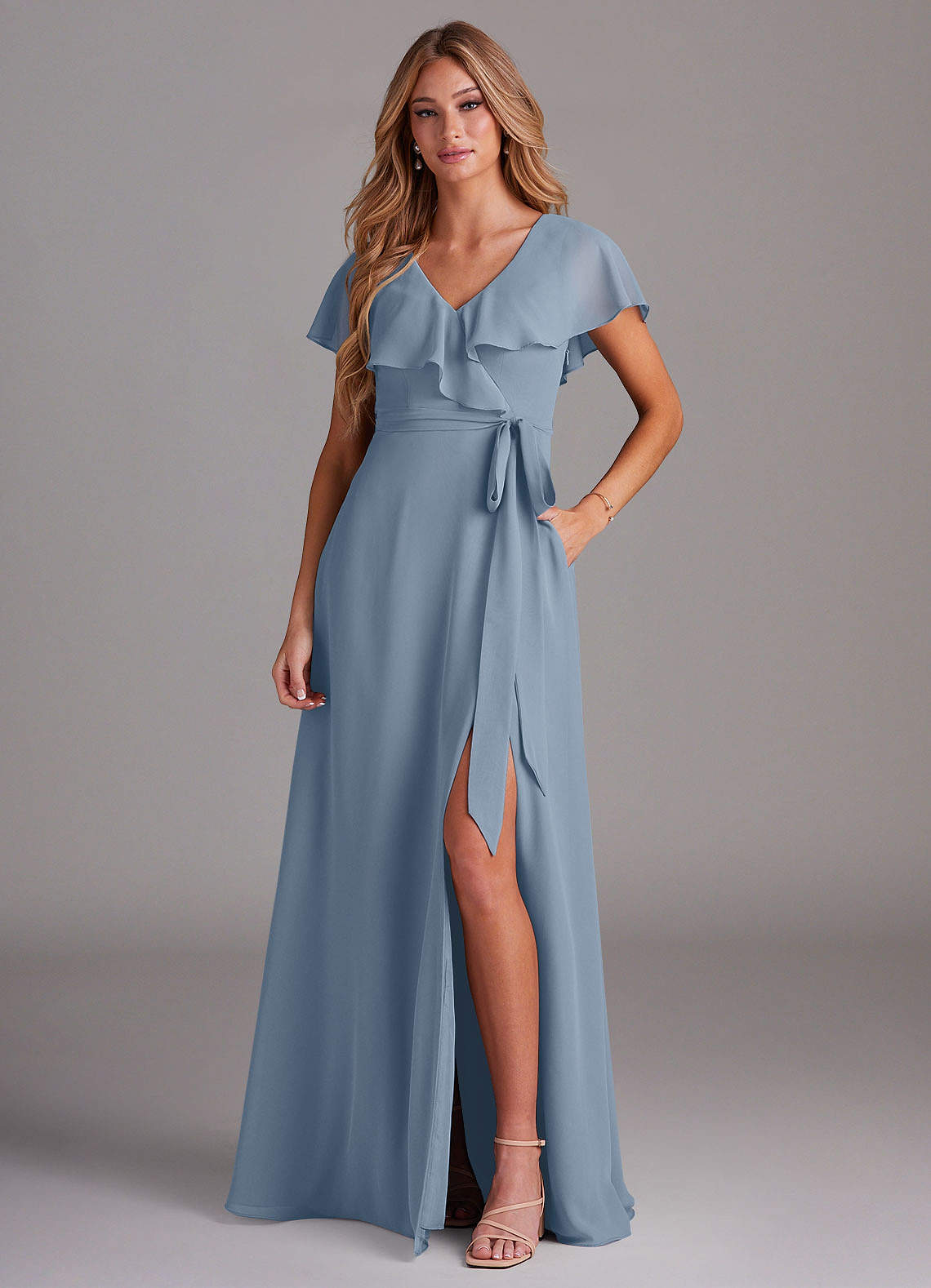white christmas dresses BABARONI Illusion Neck Lace and Chiffon Dress with Slit Dusty Blue, Dusty Blue / US0