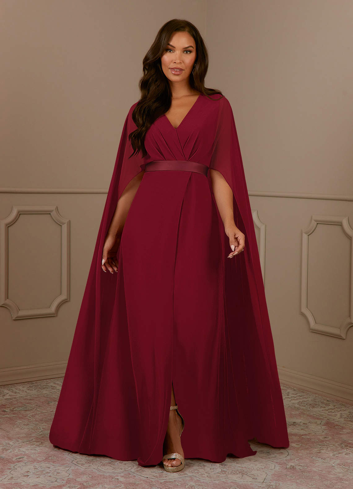 Azazie Isa Mother of the Bride Dresses Burgundy A-Line V-Neck Pleated Chiffon Dress image1