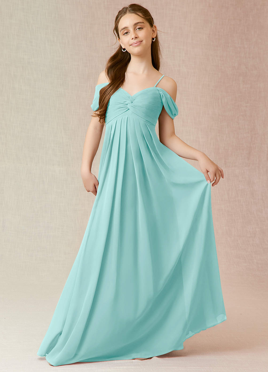 Azazie Kaitlynn Junior Robe Trapèze en Mousseline de soie Épaule décolletée Aqua image1