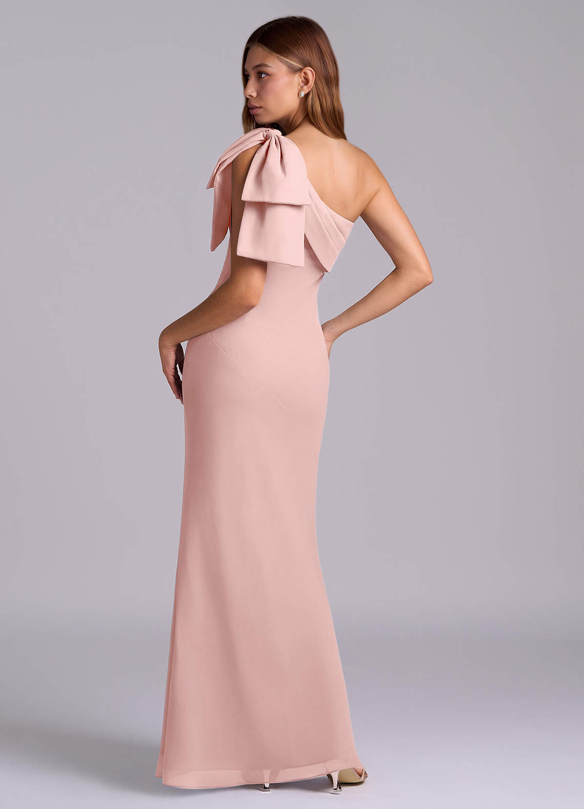 Azazie Yuanna Bridesmaid Dresses Powder Pink Mermaid One Shoulder Chiffon Dress image5