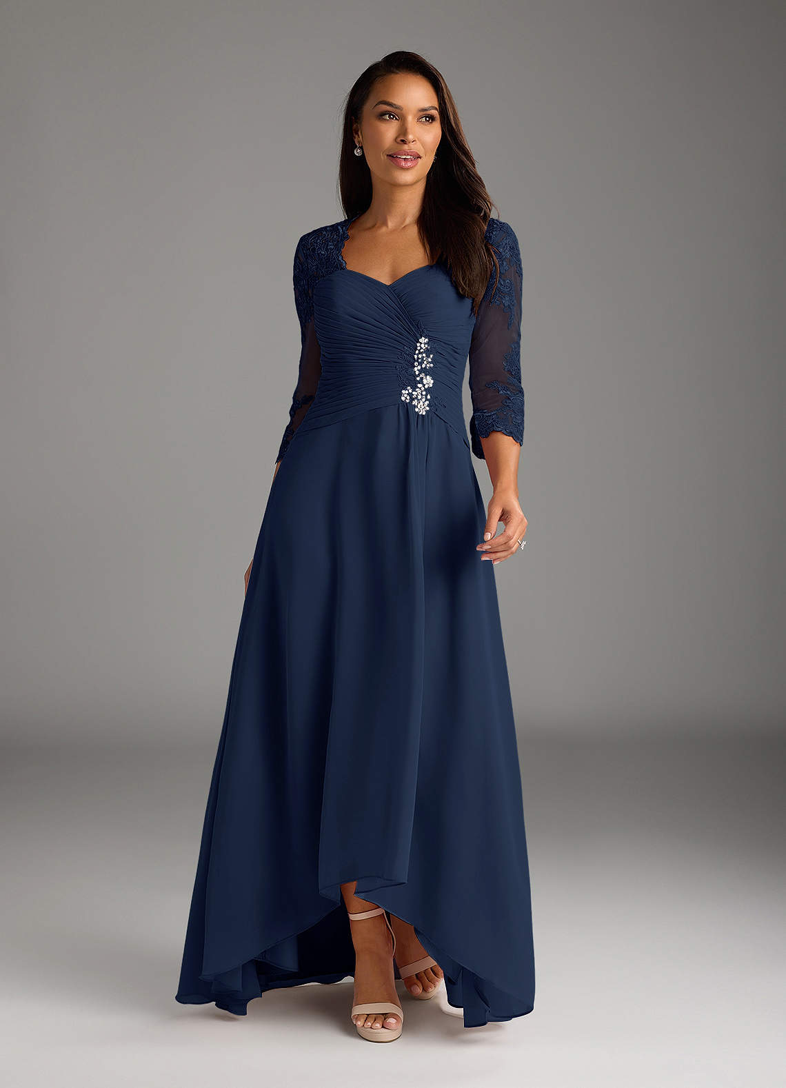 Azazie Devereaux Mother of the Bride Dresses Dark Navy A-Line Lace Chiffon Dress image1