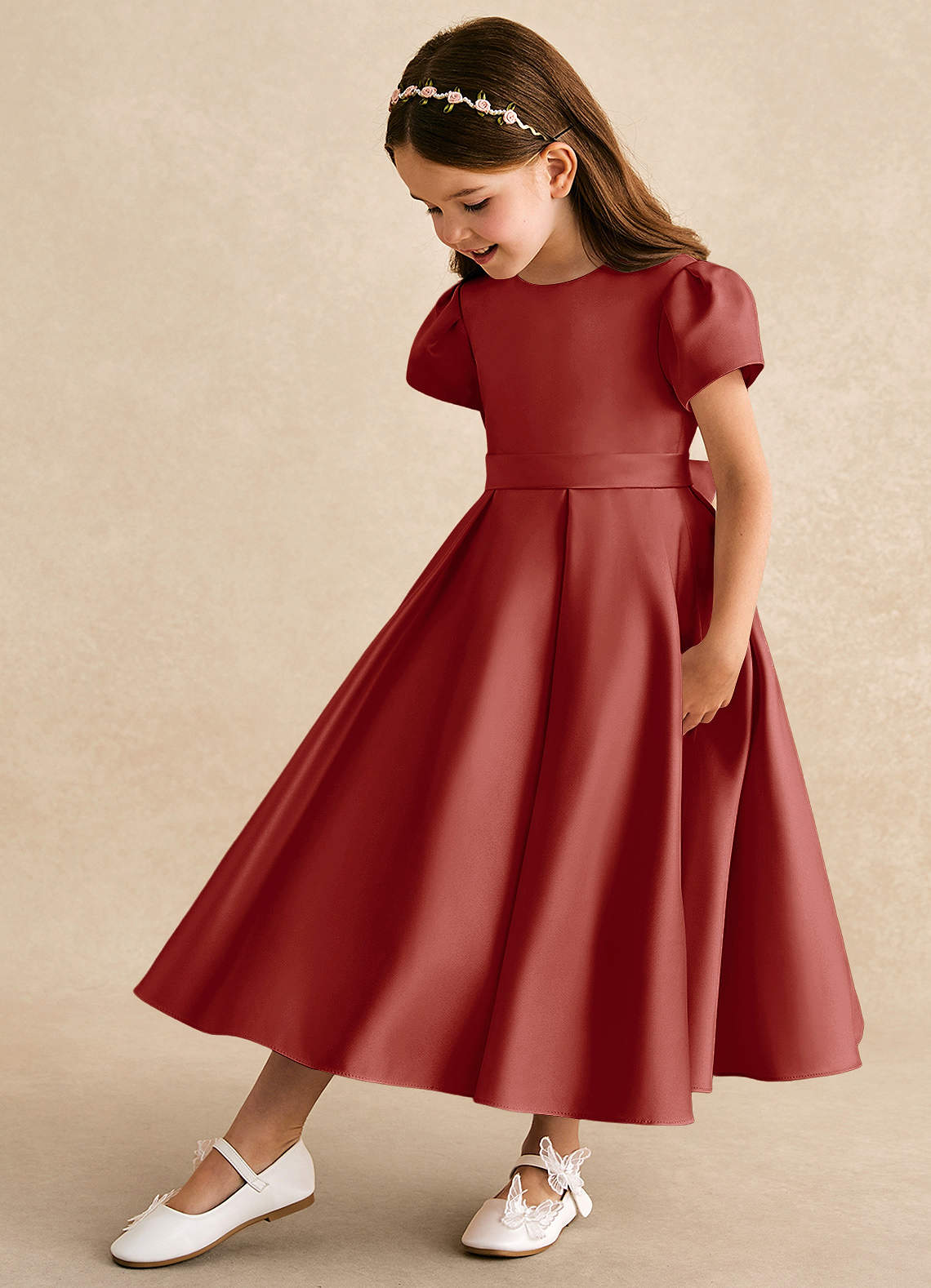 Azazie Princess Flower Girl Dresses Terracotta A-Line Pleated Matte Satin Dress image1