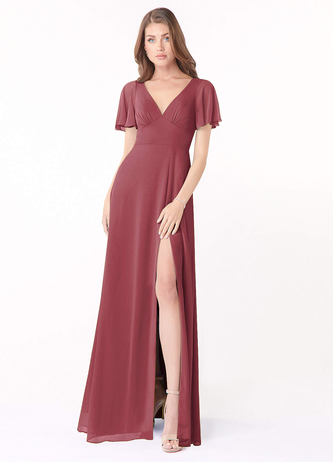 Azazie Kimber Bridesmaid Dresses Merlot A-Line Flounce Sleeve Chiffon Dress image1