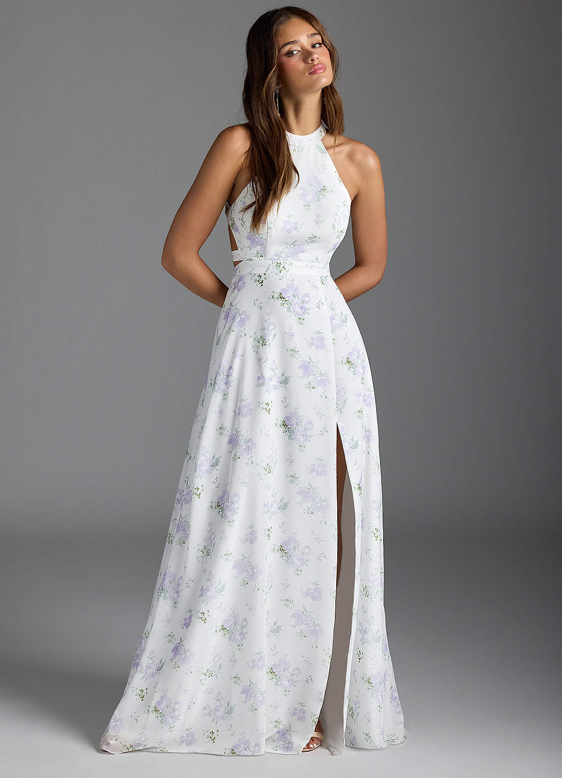 Azazie Clarice Bridesmaid Dresses Blue Vintage Floral A-Line Halter Chiffon Dress image1