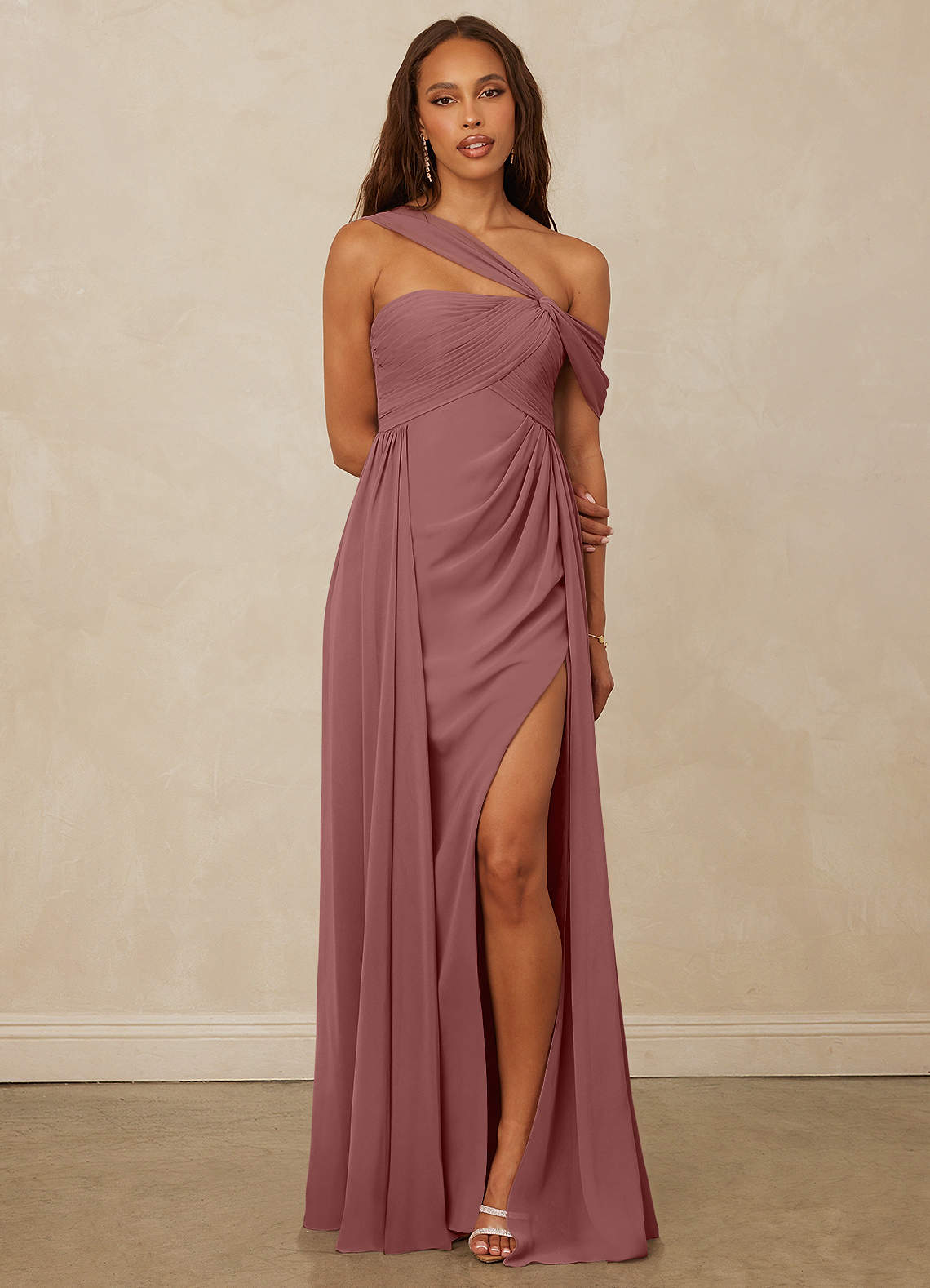 Christian Siriano Bridal for Azazie 1014 Bridesmaid Dresses Desert Rose A-Line Off the Shoulder Chiffon Dress image1