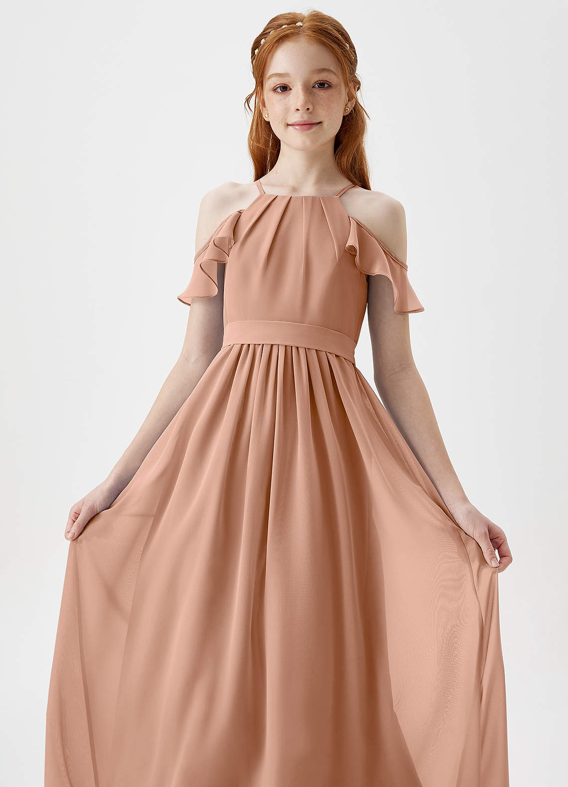 Azazie Chaya Junior Champagne Rose A-Line Off the Shoulder Chiffon Dress image1