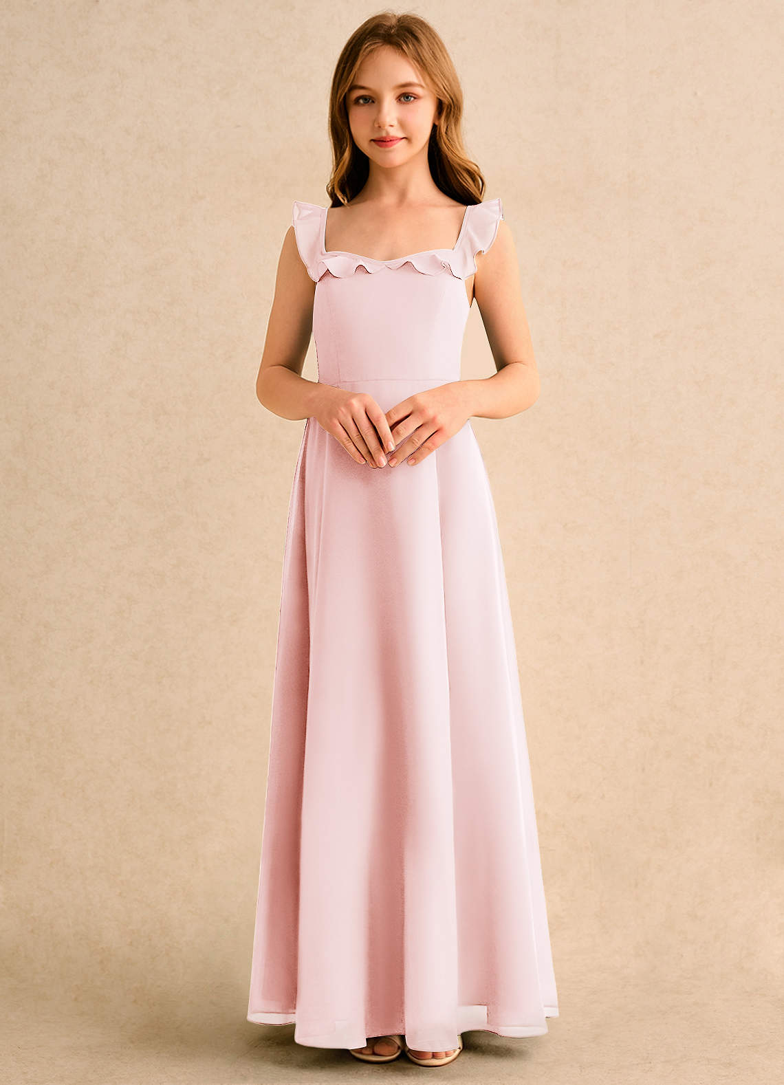 Azazie Chip Girls Formal Kukkatyttöjen mekot A-linja Hihaton Sifonki Lattian pituus Pukeutua image3