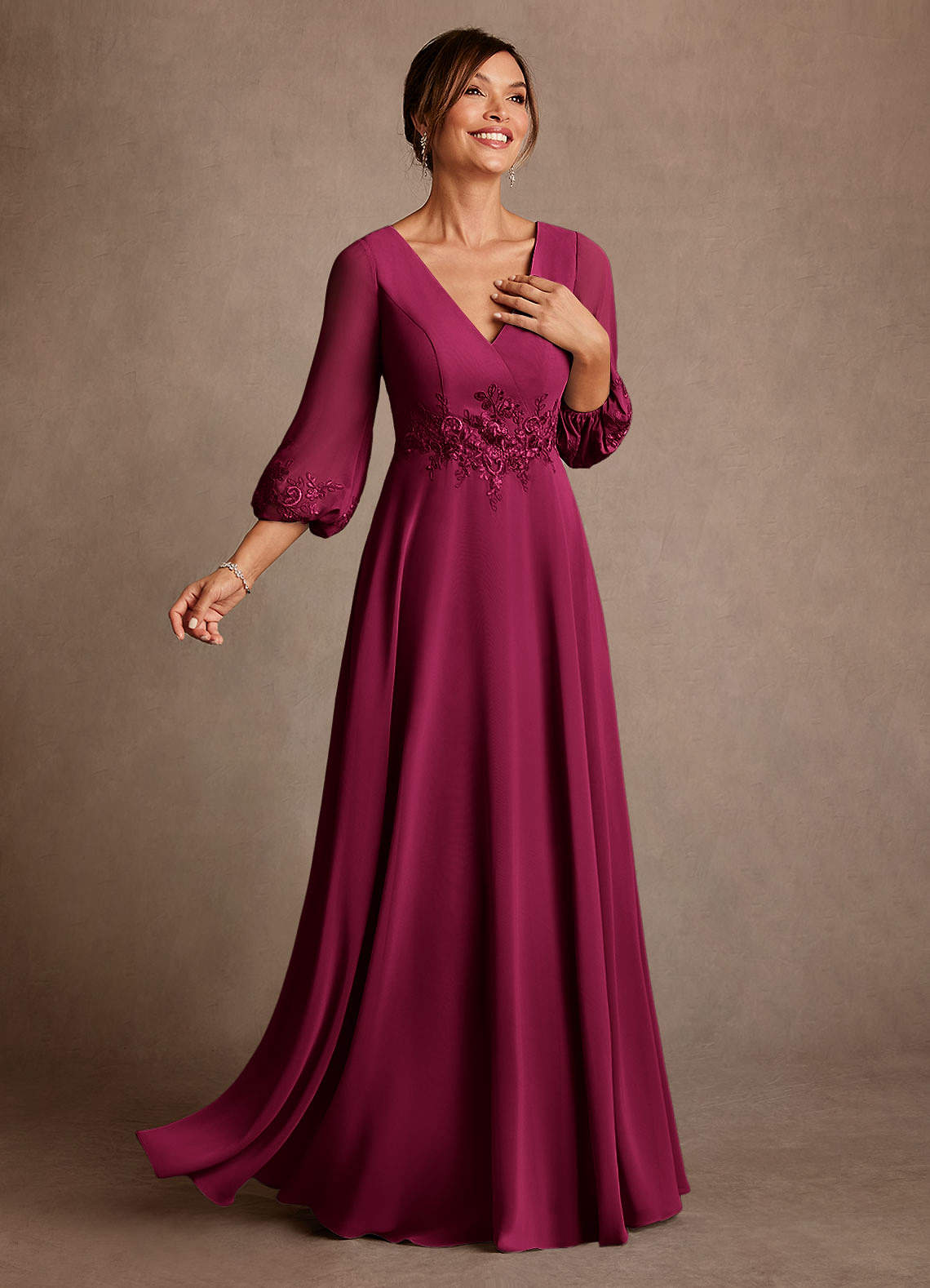 long sleeve lace burgundy bridesmaid dress Azazie Yorba A-Line Chiffon Fabric:Keyhole