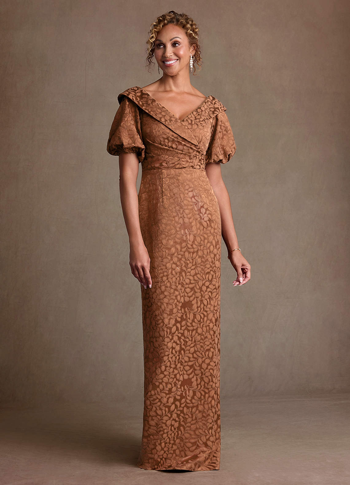 Azazie Amala Caramel Cocoa Column Pleated Floral Jacquard Dress