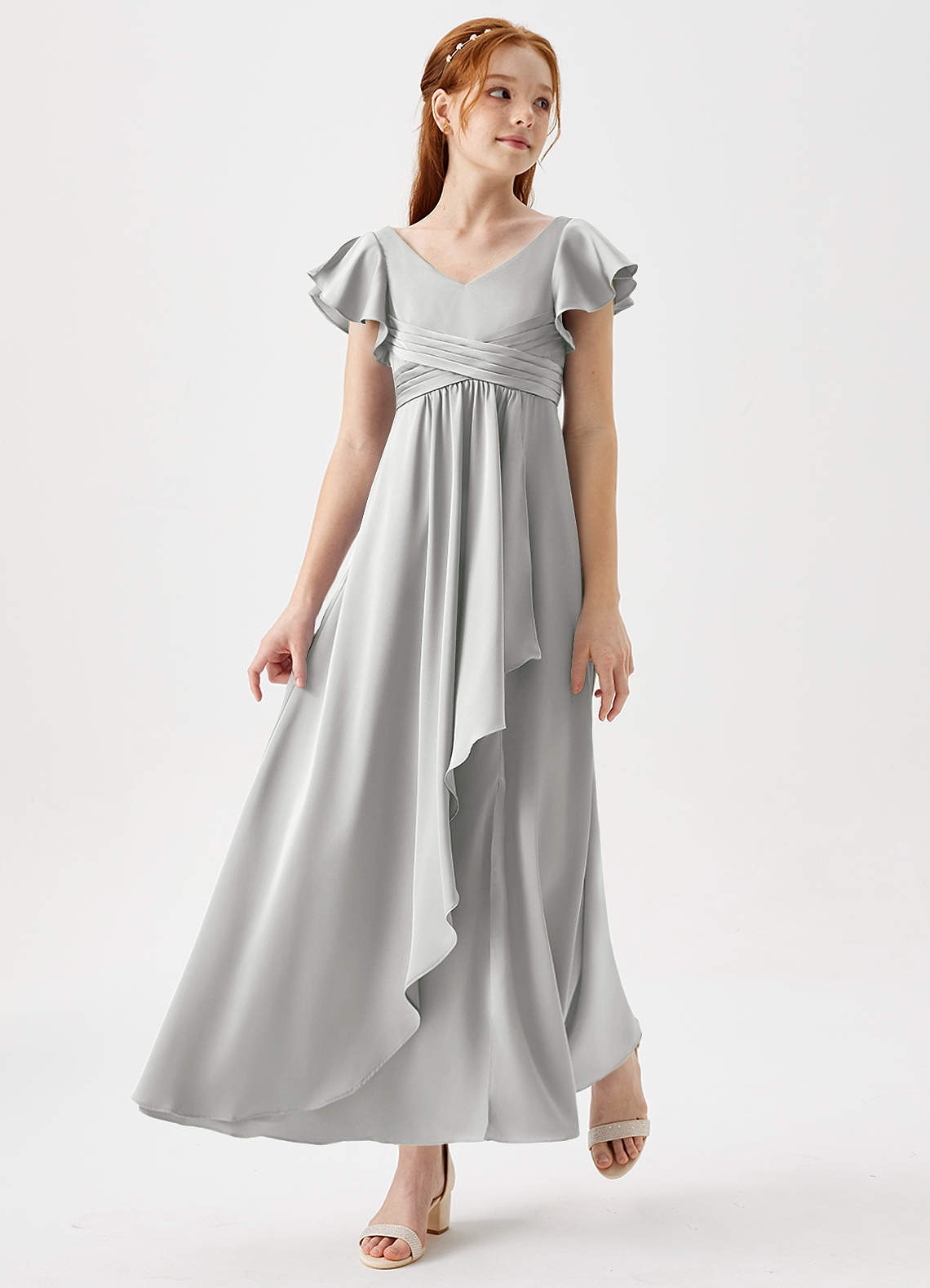 Azazie Omari Junior Silver A-Line Pleated Stretch Satin Dress image1