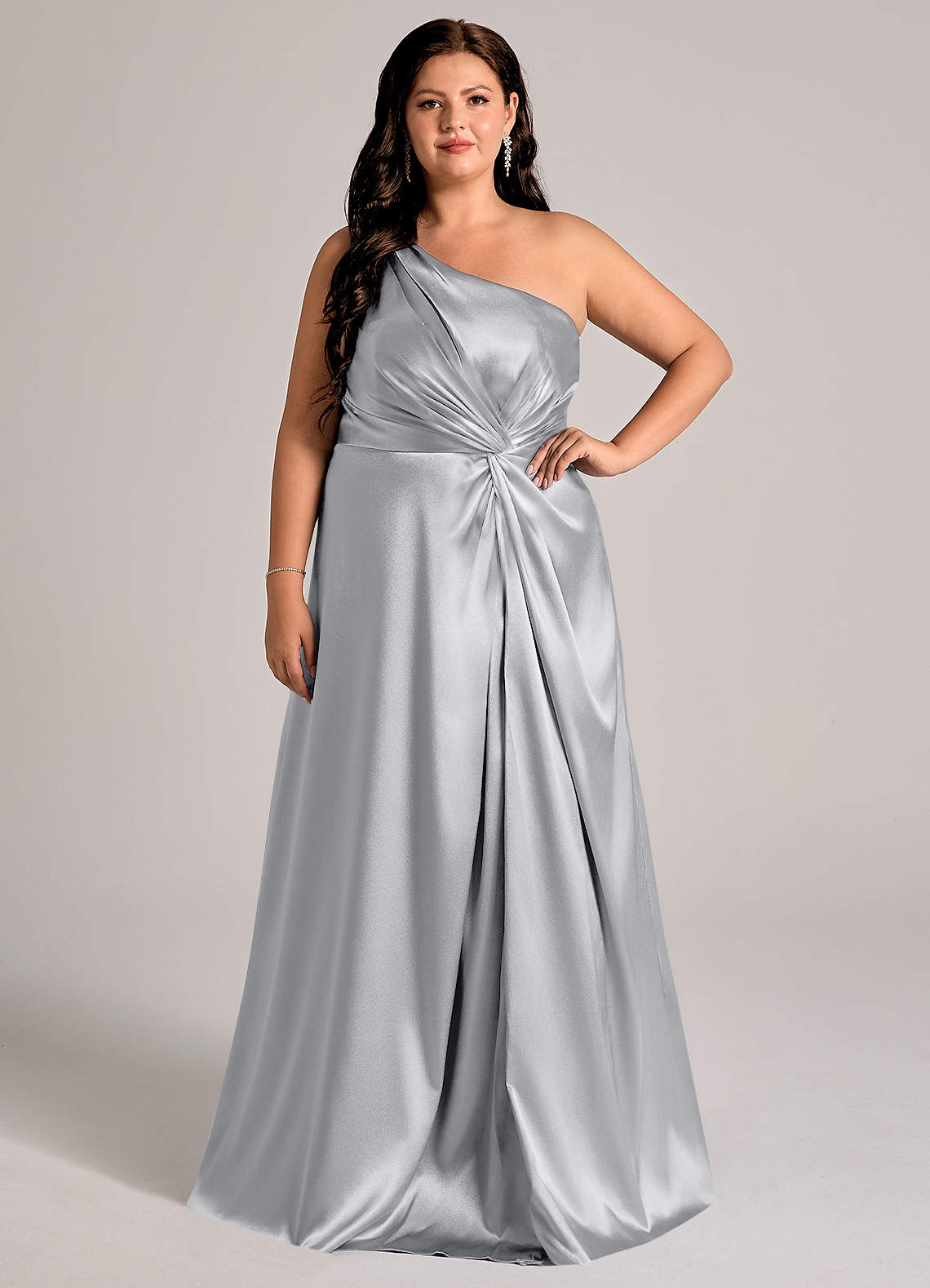Azazie Brooke Bridesmaid Dresses Silver A-Line One Shoulder Metallic Satin Dress image1