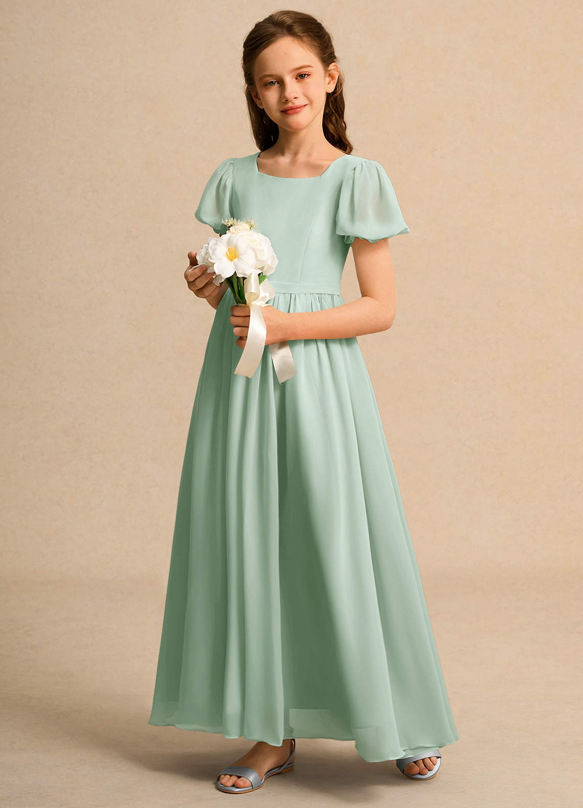 Azazie Lilia Girls Formal Agave A-Line with Sleeves Chiffon Dress | Azazie